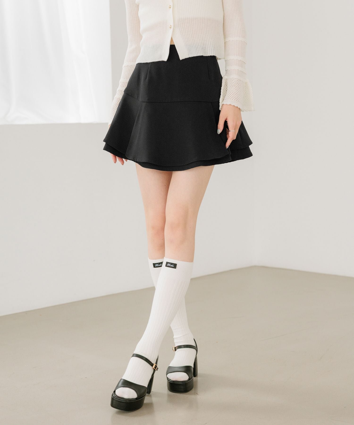 Heather ハイウエストフリルヘムミニスカート ヘザー スカート ミニスカート グレー ブラック
