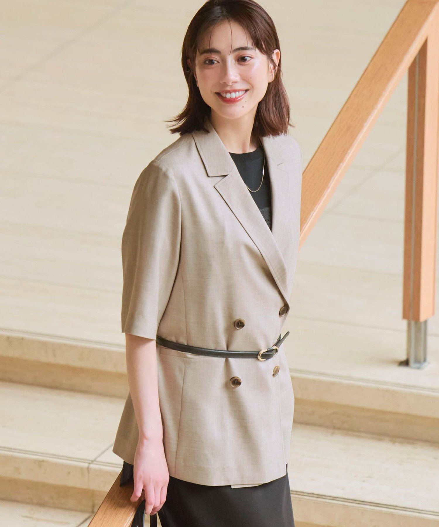 23区 L 【Oggi掲載】リネンライクグロッシー ハーフスリーブ ダブル ジャケット ニジュウサンク ジャケット・アウター その他のジャケット・アウター グレー ネイビー ベージュ