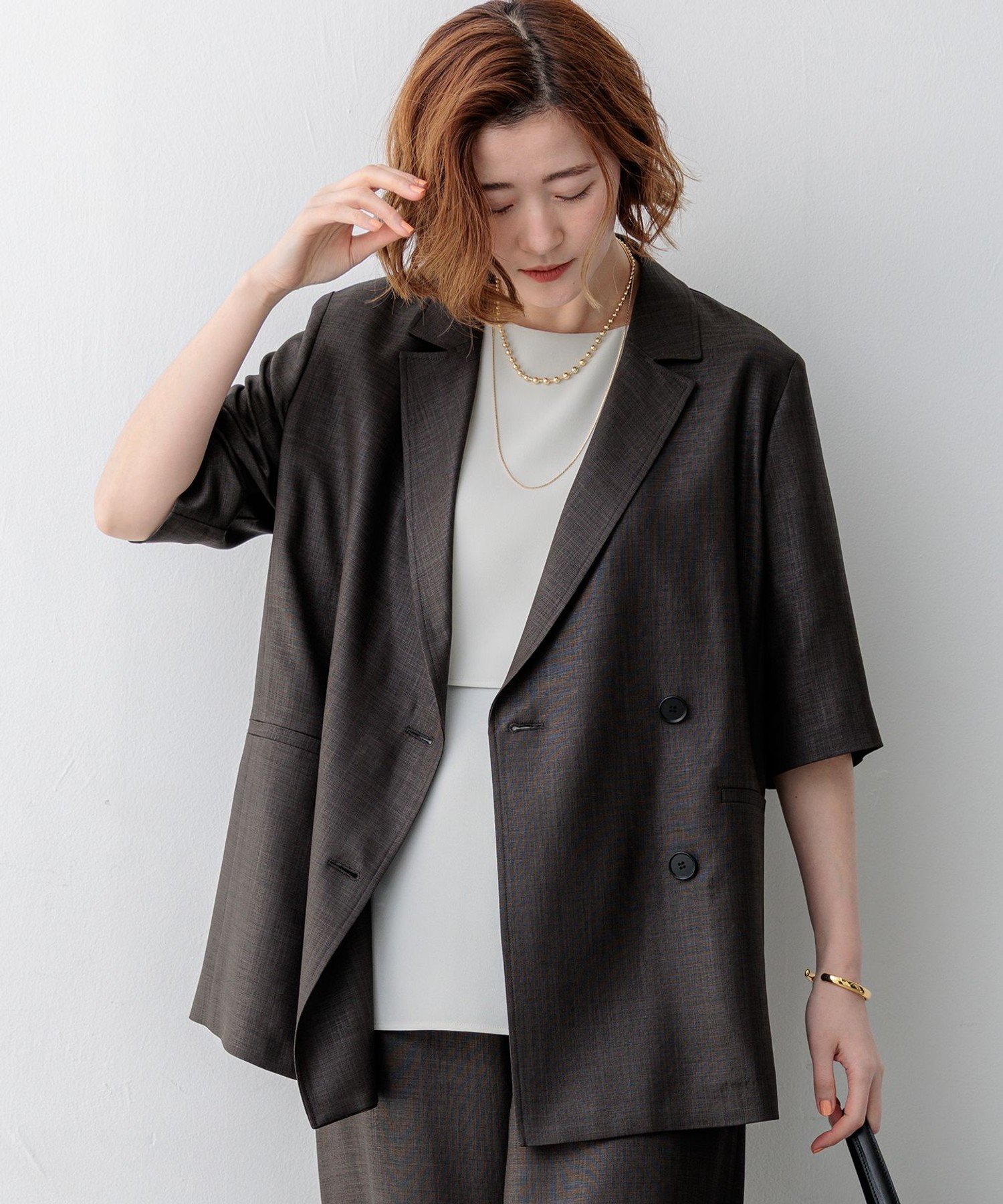 23区 L 【Oggi掲載】リネンライクグロッシー ハーフスリーブ ダブル ジャケット ニジュウサンク ジャケット・アウター その他のジャケット・アウター グレー ネイビー ベージュ