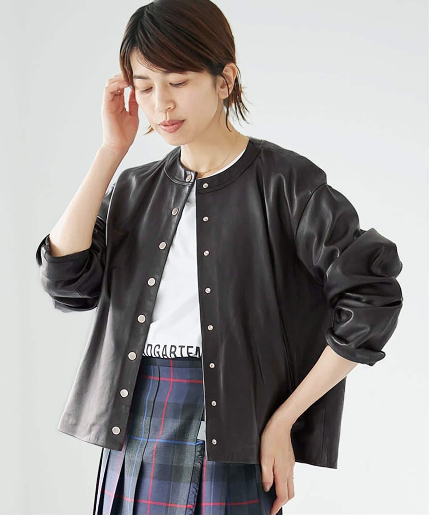 IENA 《追加2予約》シープクルーネックブルゾン イエナ ジャケット・アウター ライダースジャケット ブラック
