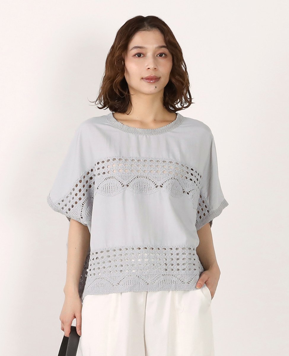 MELROSE CLAIRE 【かぎ針布帛切替ブラウス】 メルローズクレール トップス シャツ・ブラウス ブルー グレー