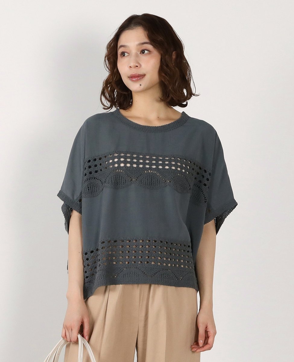 MELROSE CLAIRE 【かぎ針布帛切替ブラウス】 メルローズクレール トップス シャツ・ブラウス ブルー グレー