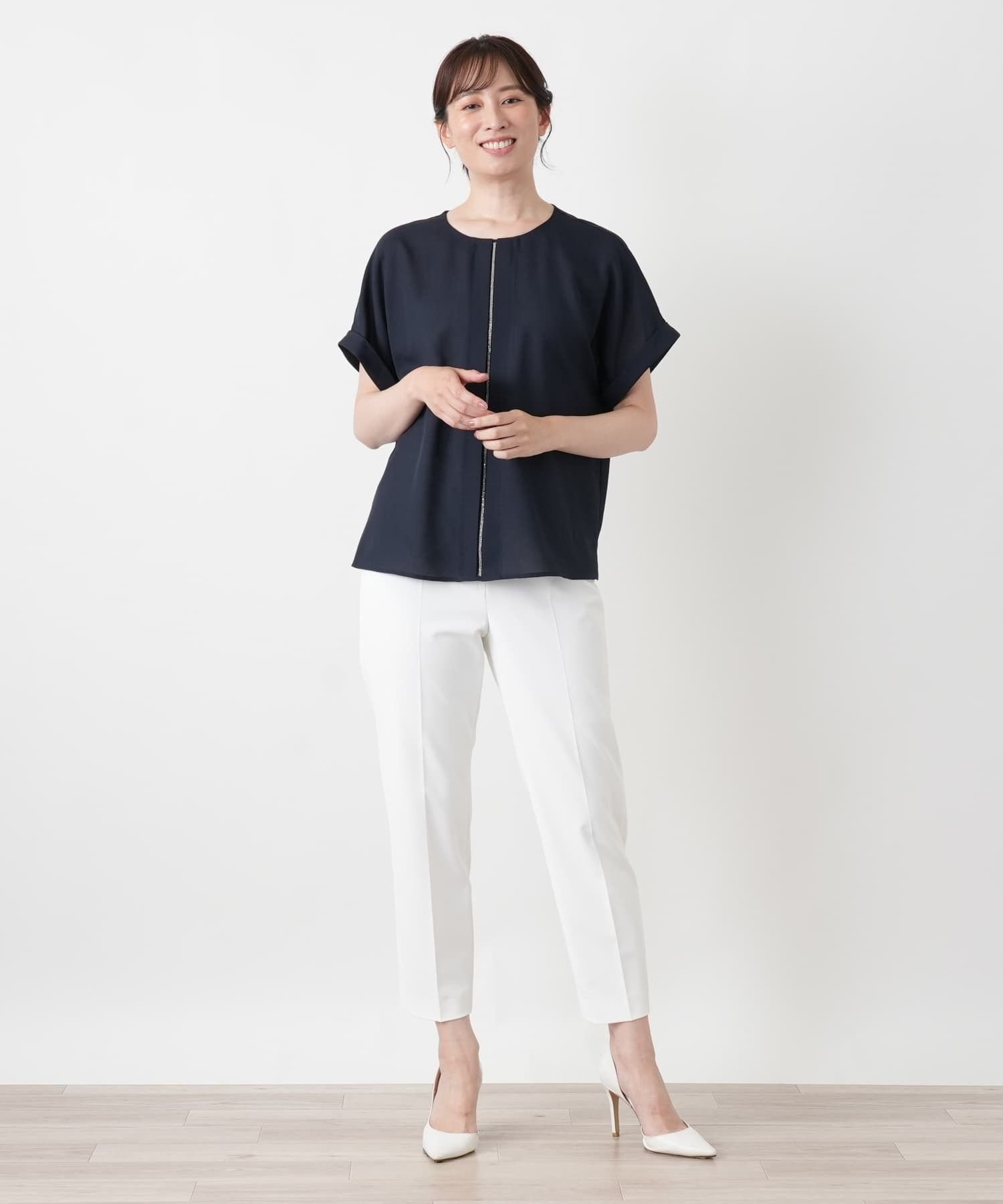 Leilian ノーカラージップブラウス【Leilian WHITE LABEL】 レリアン トップス シャツ・ブラウス ネイビー ブラウン