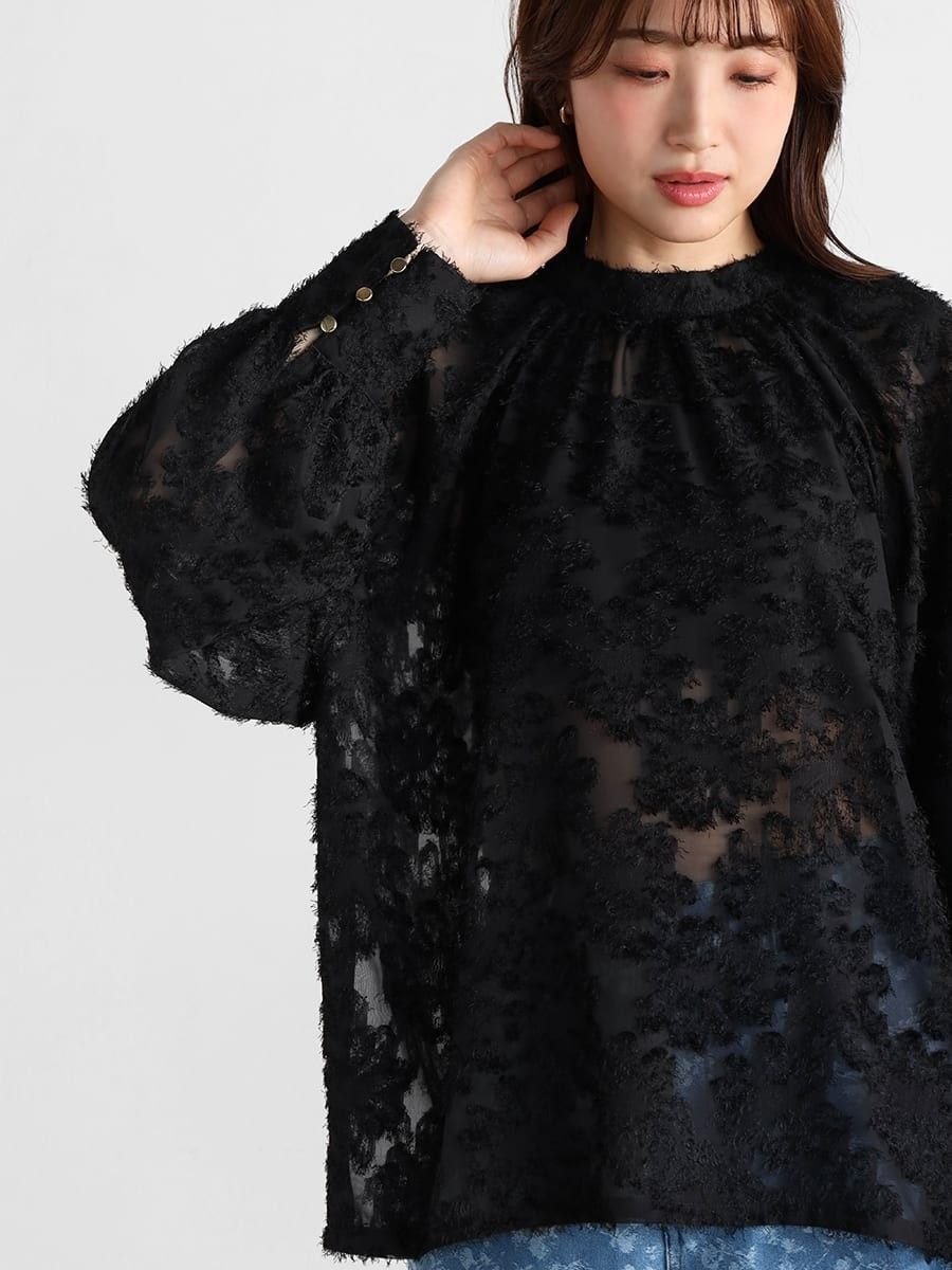 Vin フラワーカットジャガードシアーブラウス ヴァン トップス シャツ・ブラウス ブラック ホワイト【送料無料】