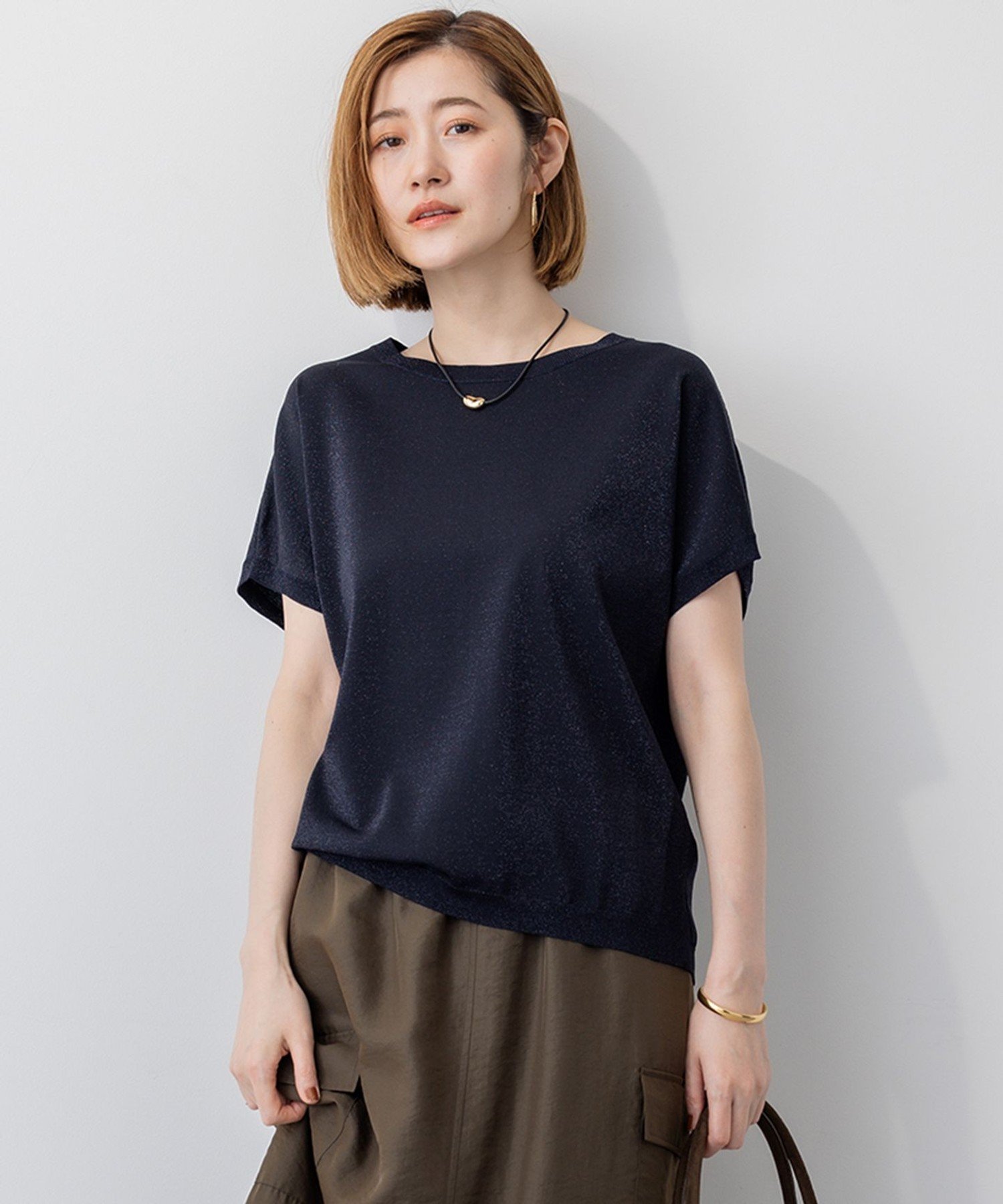 23区 L 【洗える】レーヨンポリエステルストレッチ プルオーバー ラメニット ニジュウサンク トップス ニット ネイビー ゴールド