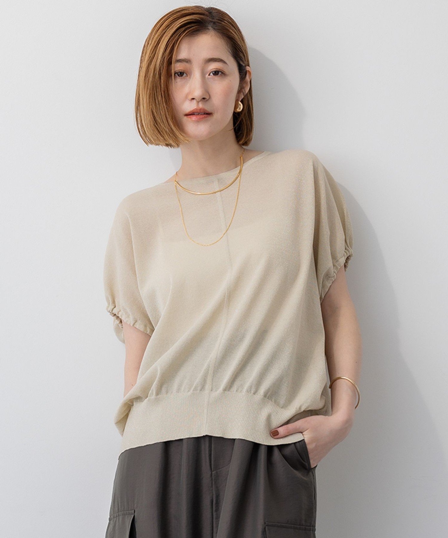 23区 【洗える】クリスピーシアールレックス ギャザースリーブ ラメ ニット ニジュウサンク トップス ニット ゴールド シルバー