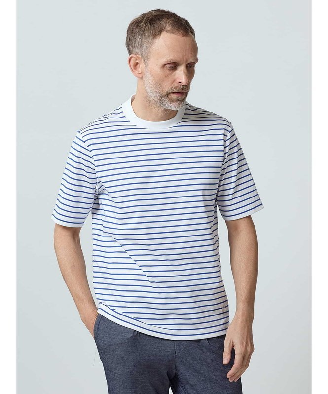 Aquascutum MEN Summer TEC.3 Cool touch Smooth Border T アクアスキュータム トップス カットソー・Tシャツ ネイビー ホワイト