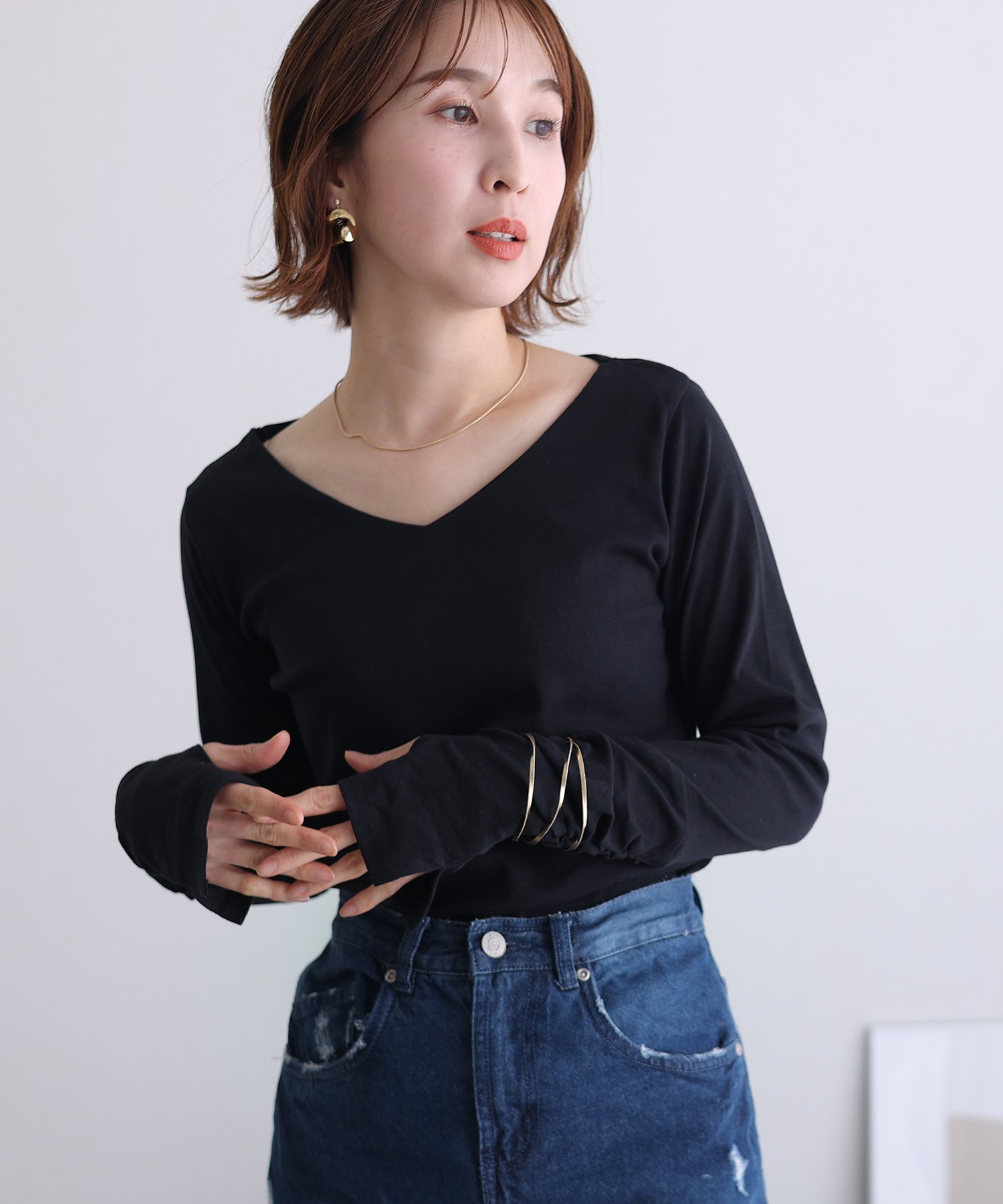 PourVous Vネック指空きTシャツ カットソーきれいめトップス 長袖 ブラウス プールヴー トップス カッ..