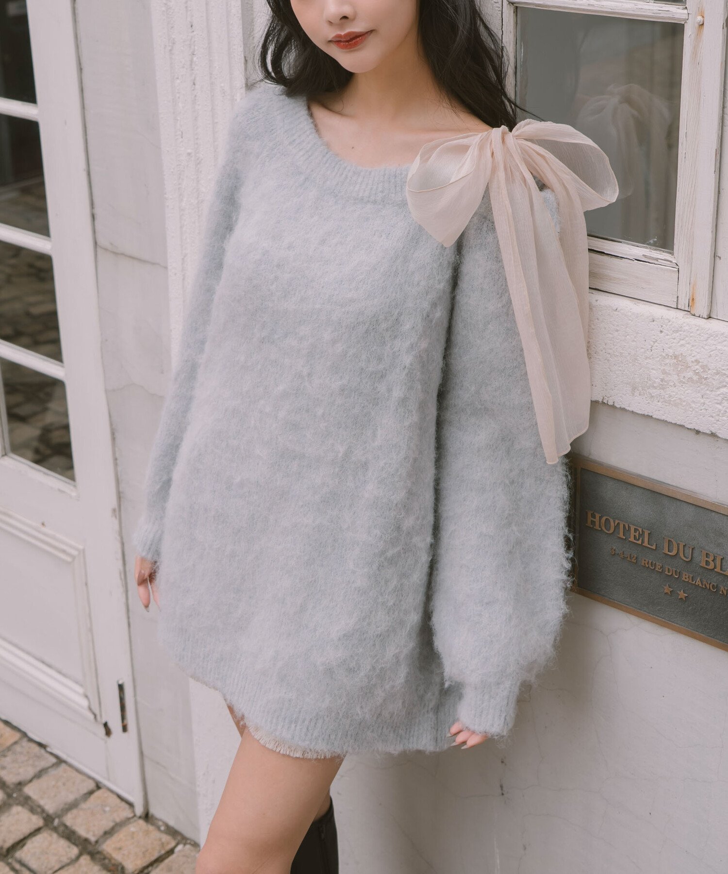 archives 2way肩リボンニットチュニック アルシーヴ トップス ニット ホワイト ピンク ブルー【送料無料】