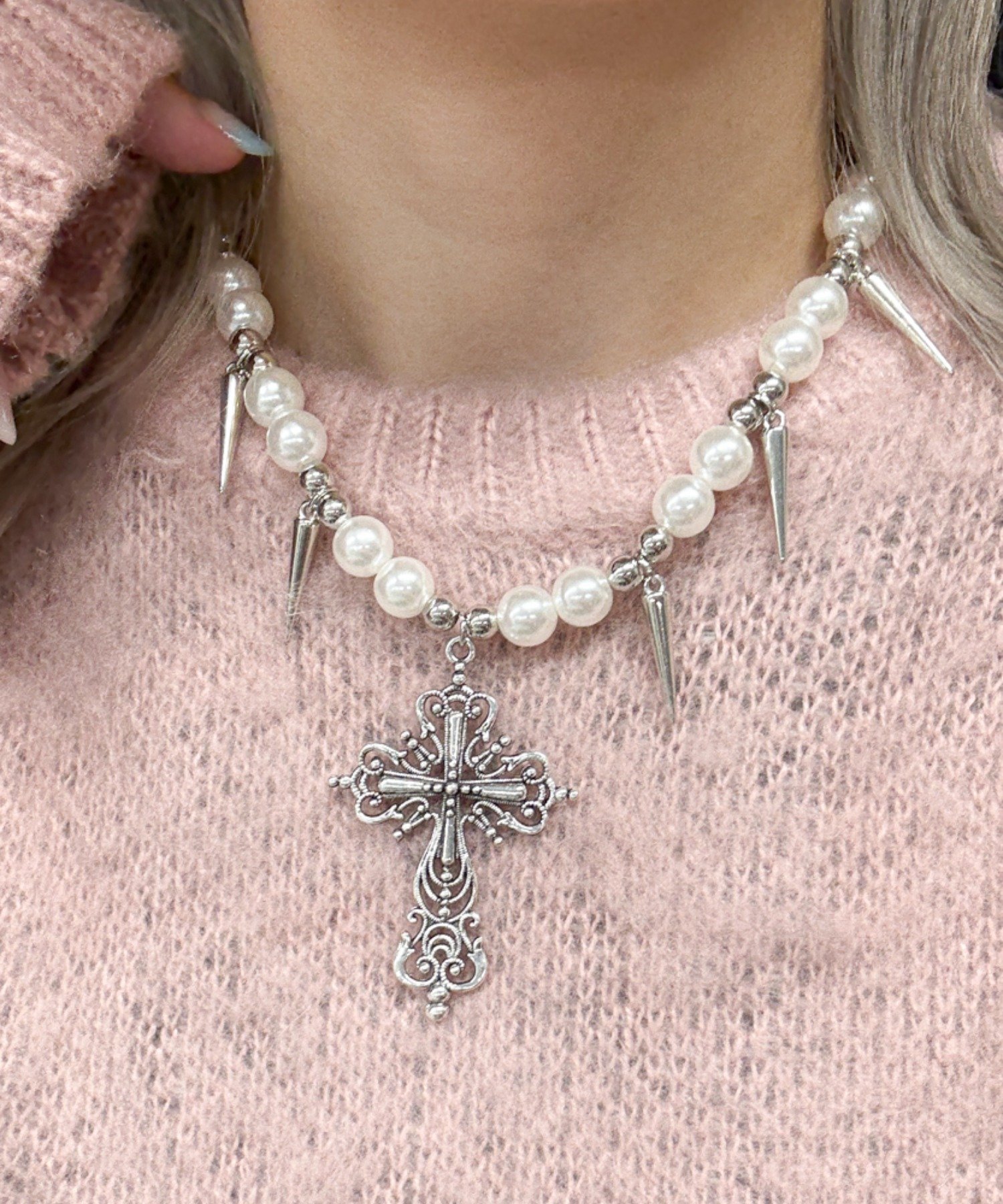 WEGO LADY'S Lスタッズパールチェーンクロスネックレス ウィゴー アクセサリー・腕時計 ネックレス シルバー