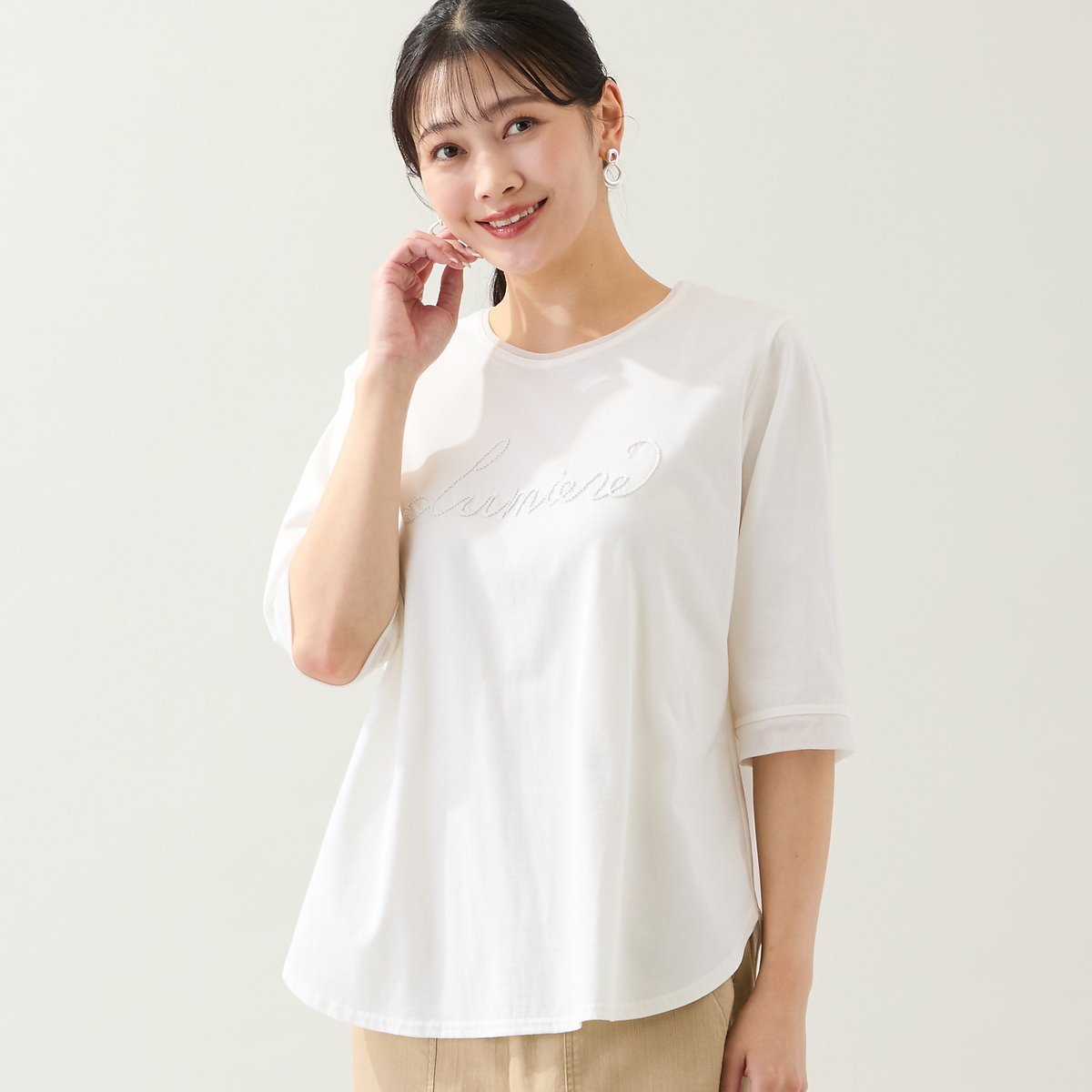 missel 【洗える・綿100%・日本製・L~4Lサイズ】Lumiere刺繍カットソー ミゼール トップス カットソー・Tシャツ ブラック グリーン ネイビー ホワイト