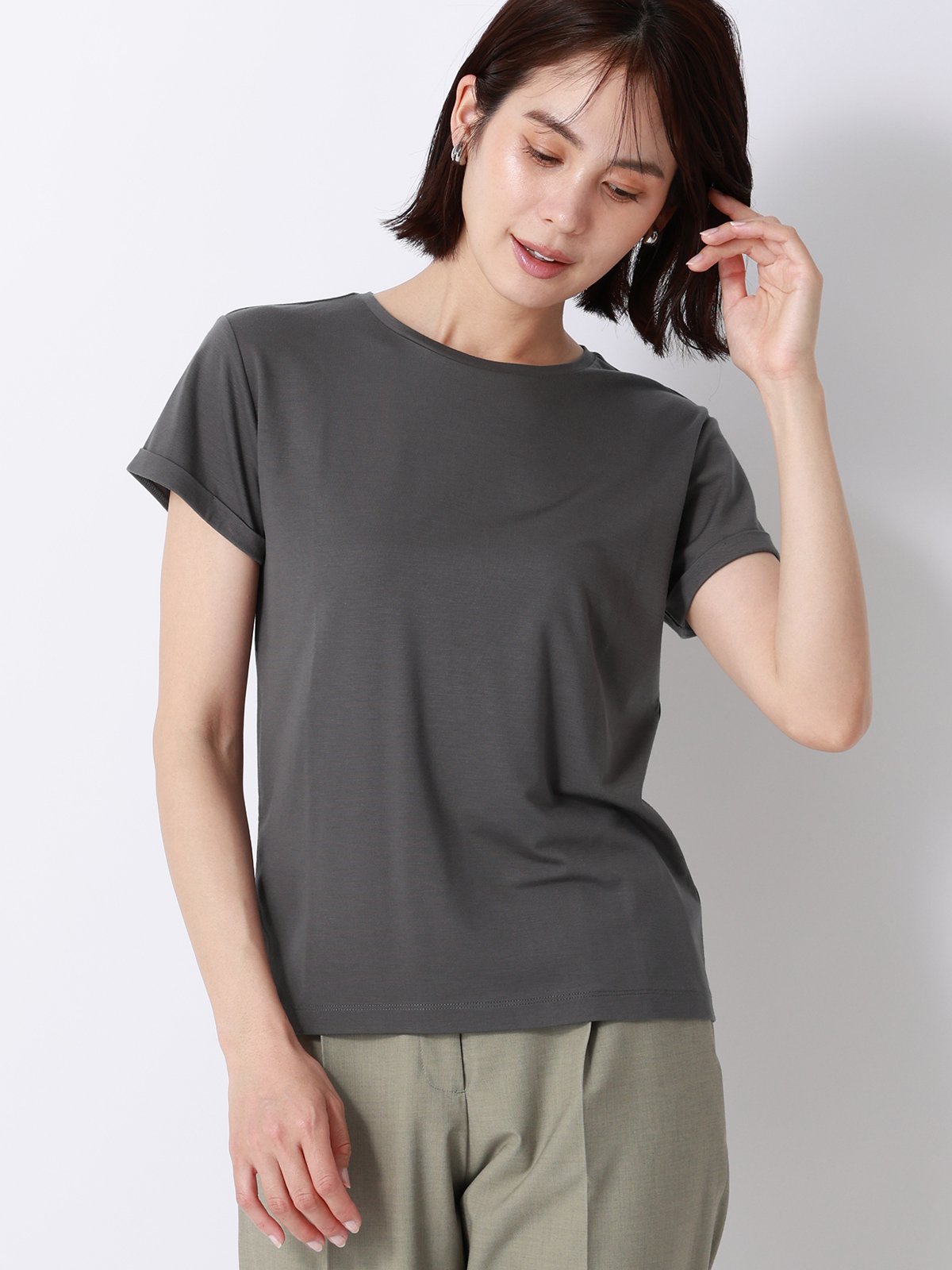SUIT SQUARE クルーネックTシャツ 半袖 ウォッシャブル 接触冷感 BIYORI UP スーツ スクエア トップス カットソー・Tシャツ グレー