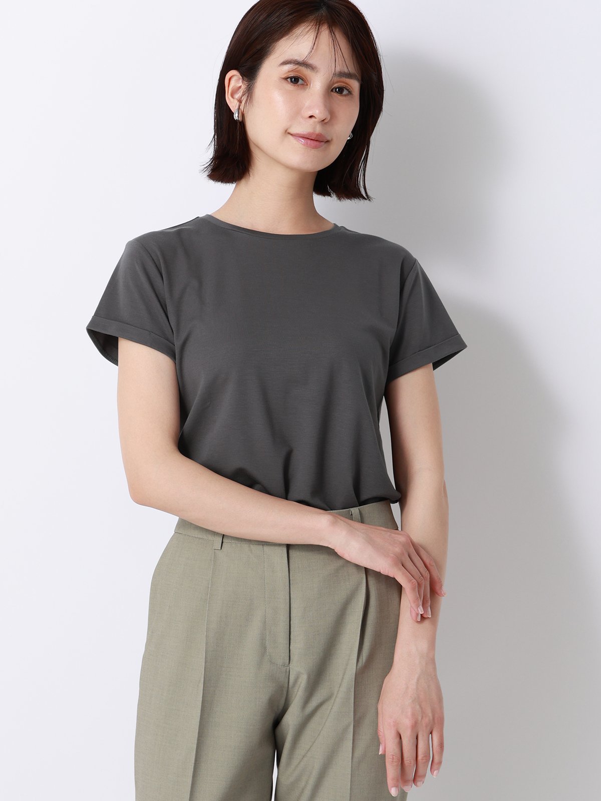 SUIT SQUARE クルーネックTシャツ 半袖 ウォッシャブル 接触冷感 BIYORI UP スーツ スクエア トップス カットソー・Tシャツ グレー
