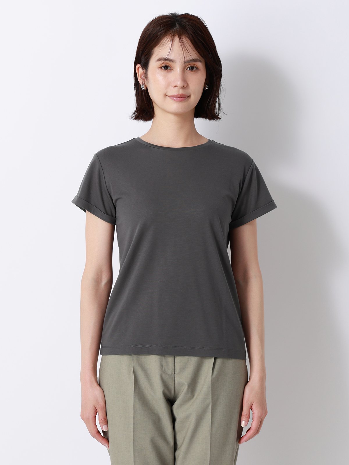 SUIT SQUARE クルーネックTシャツ 半袖 ウォッシャブル 接触冷感 BIYORI UP スーツ スクエア トップス カットソー・Tシャツ グレー