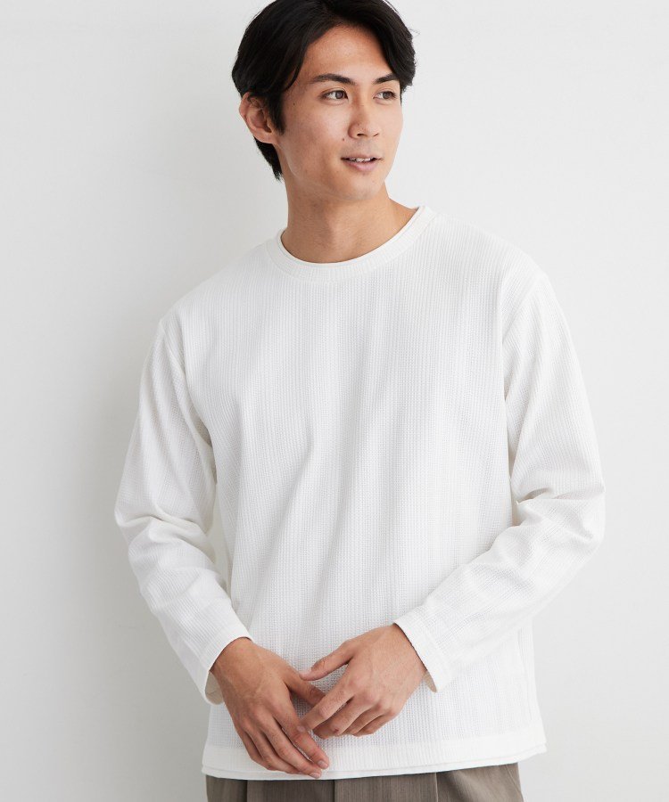 THE SHOP TK 【洗濯機OK】ワッフル レイヤード 長袖Tシャツ ザ ショップ ティーケー トップス カットソー・Tシャツ ネイビー ホワイト グリーン グレー