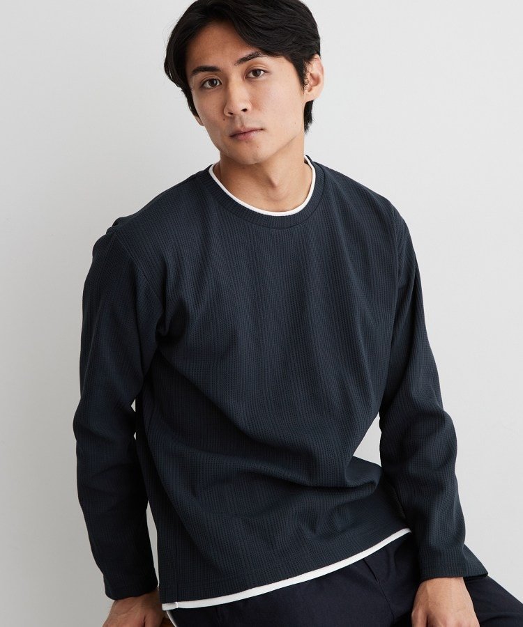 THE SHOP TK 【洗濯機OK】ワッフル レイヤード 長袖Tシャツ ザ ショップ ティーケー トップス カットソー・Tシャツ ネイビー ホワイト グリーン グレー
