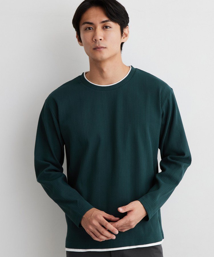 THE SHOP TK 【洗濯機OK】ワッフル レイヤード 長袖Tシャツ ザ ショップ ティーケー トップス カットソー・Tシャツ ネイビー ホワイト グリーン グレー