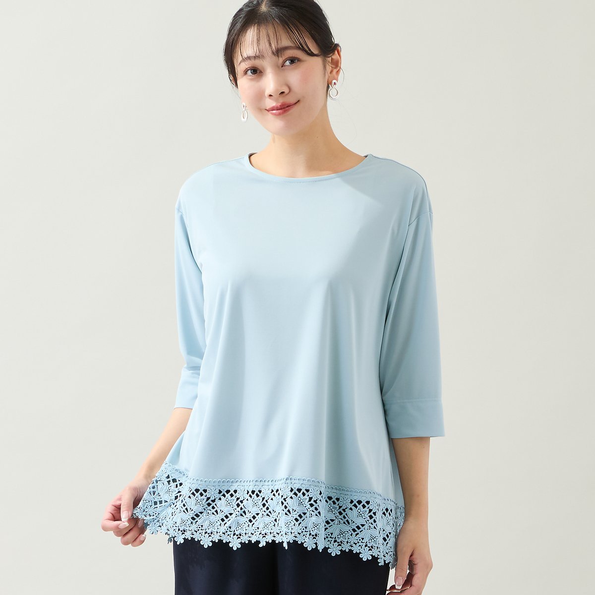 missel 【洗える・L~3Lサイズ】ヘムレースカットソー ミゼール トップス カットソー・Tシャツ ネイビー ブルー