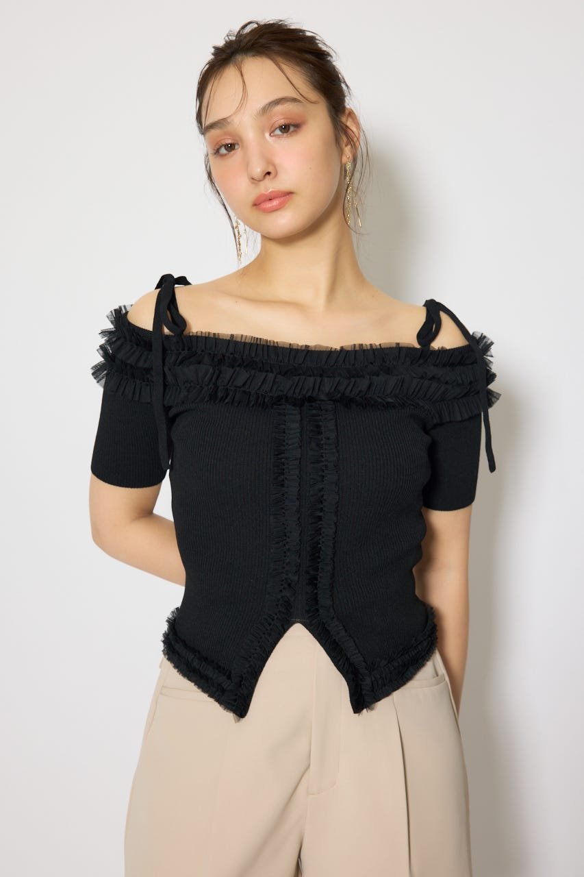 【SALE／50%OFF】rienda オフショルフリルニットトップス リエンダ トップス ニット イエロー ブラック ピンク