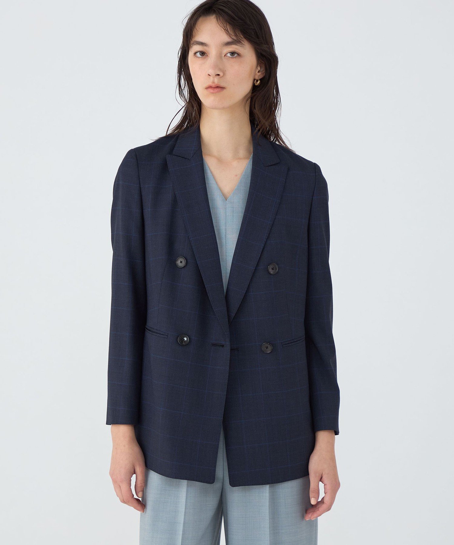 TOMORROWLAND collection 365 BLUE WINDOWPANE ダブルブレストジャケット トゥモローランド ジャケット・アウター テーラードジャケット・ブレザー ネイビー【送料無料】