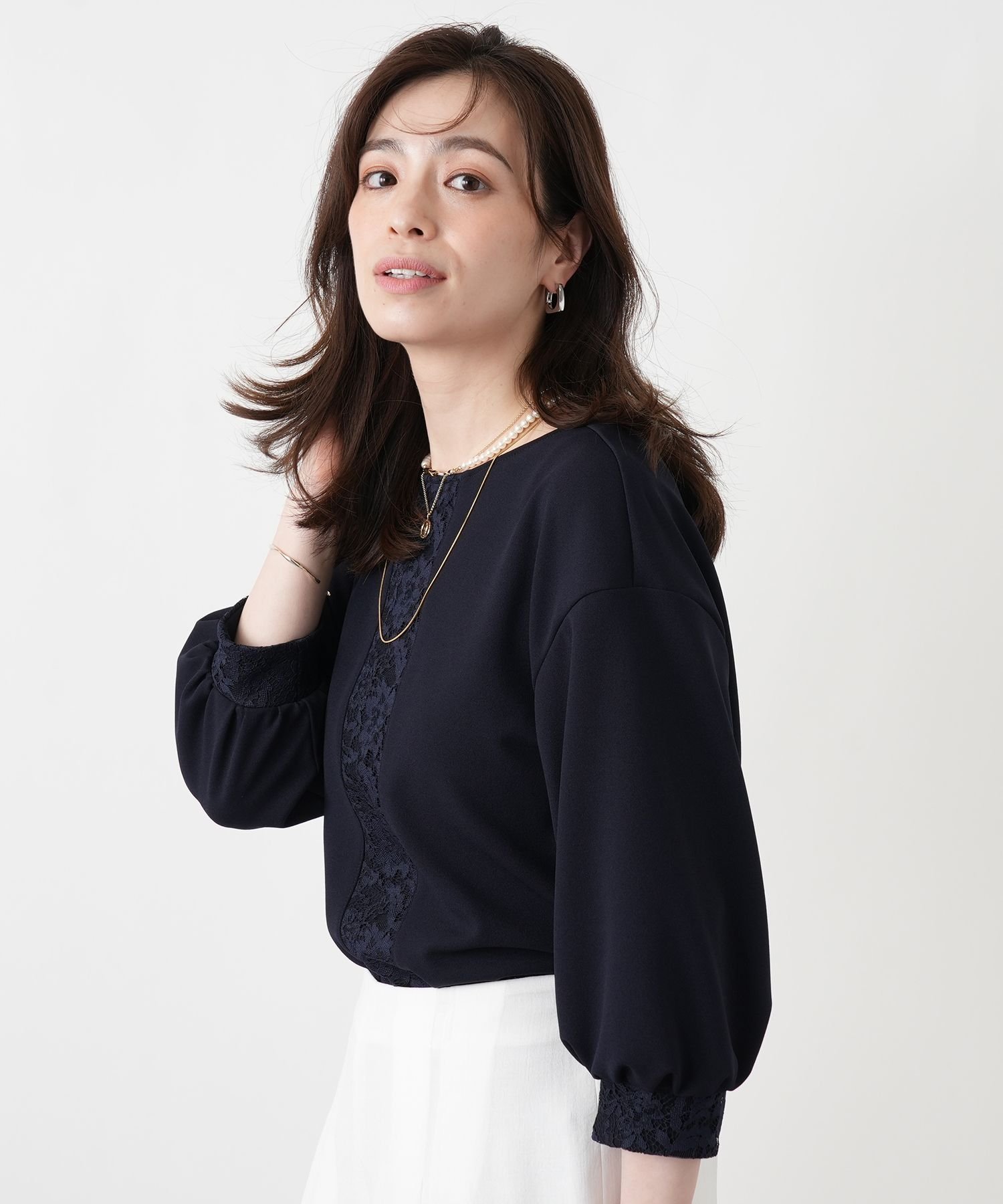 Leilian 洗えるストレッチブラウス レリアン トップス シャツ・ブラウス ネイビー ブラック