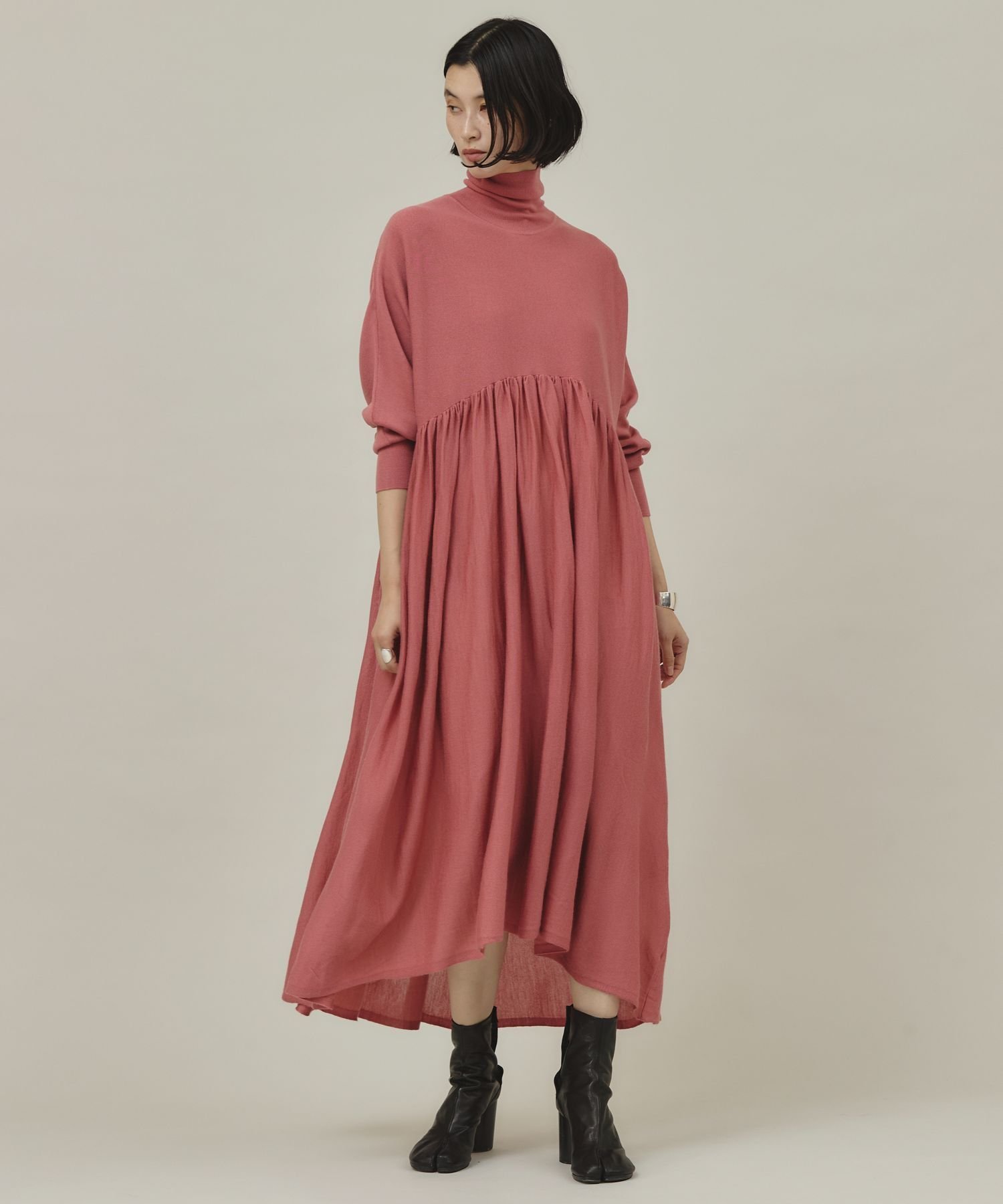 Curensology ウールハイネックギャザーワンピース カレンソロジー ワンピース・ドレス ワンピース ピンク グレー ブラック ブルー ネイビー ホワイト【送料無料】