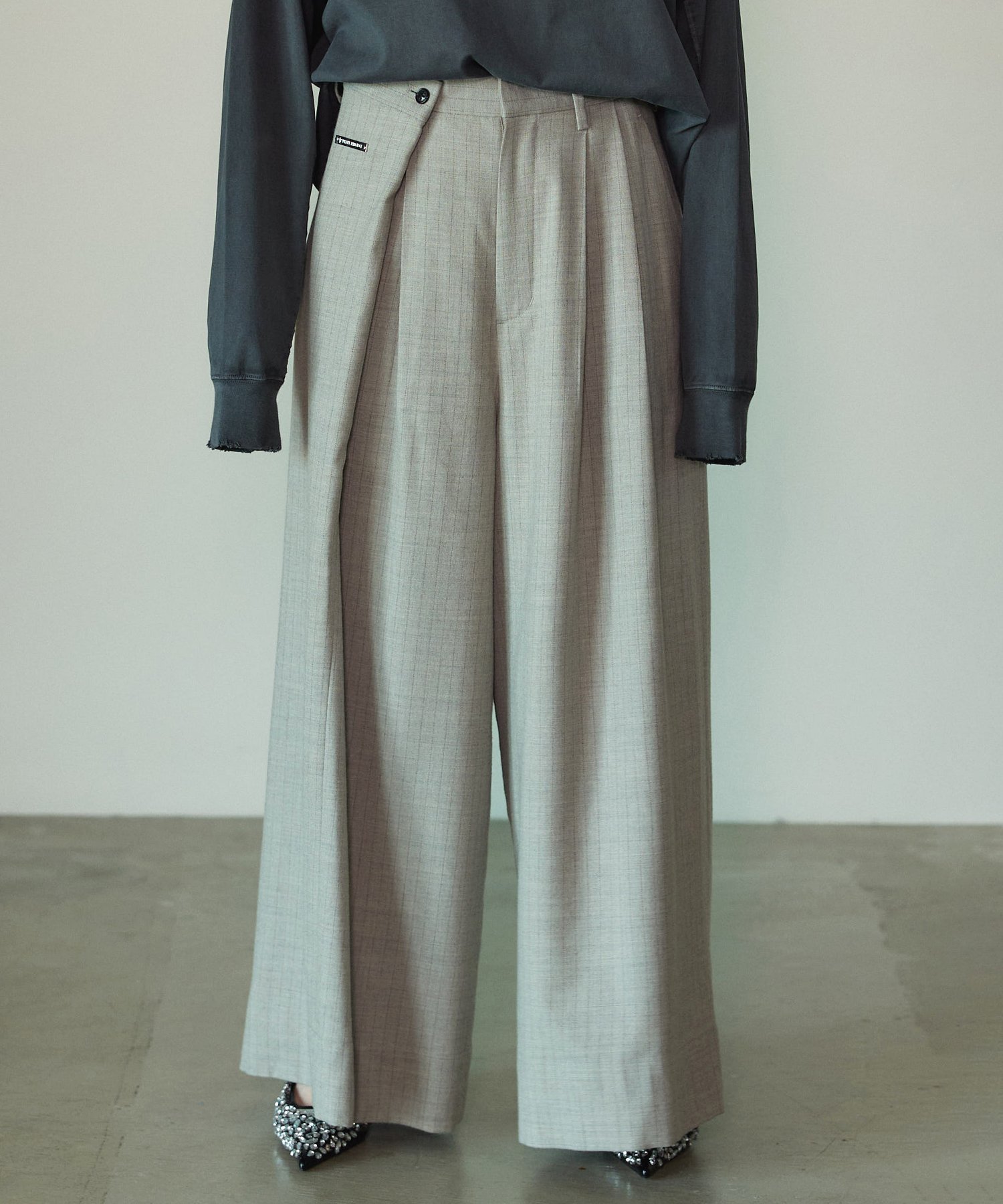 PRANK PROJECT フラノストライプラッピングワイドパンツ / Furano Stripe Wrapped Wide Pants プランク プロジェクト パンツ スラックス・ドレスパンツ ベージュ ネイビー グレー