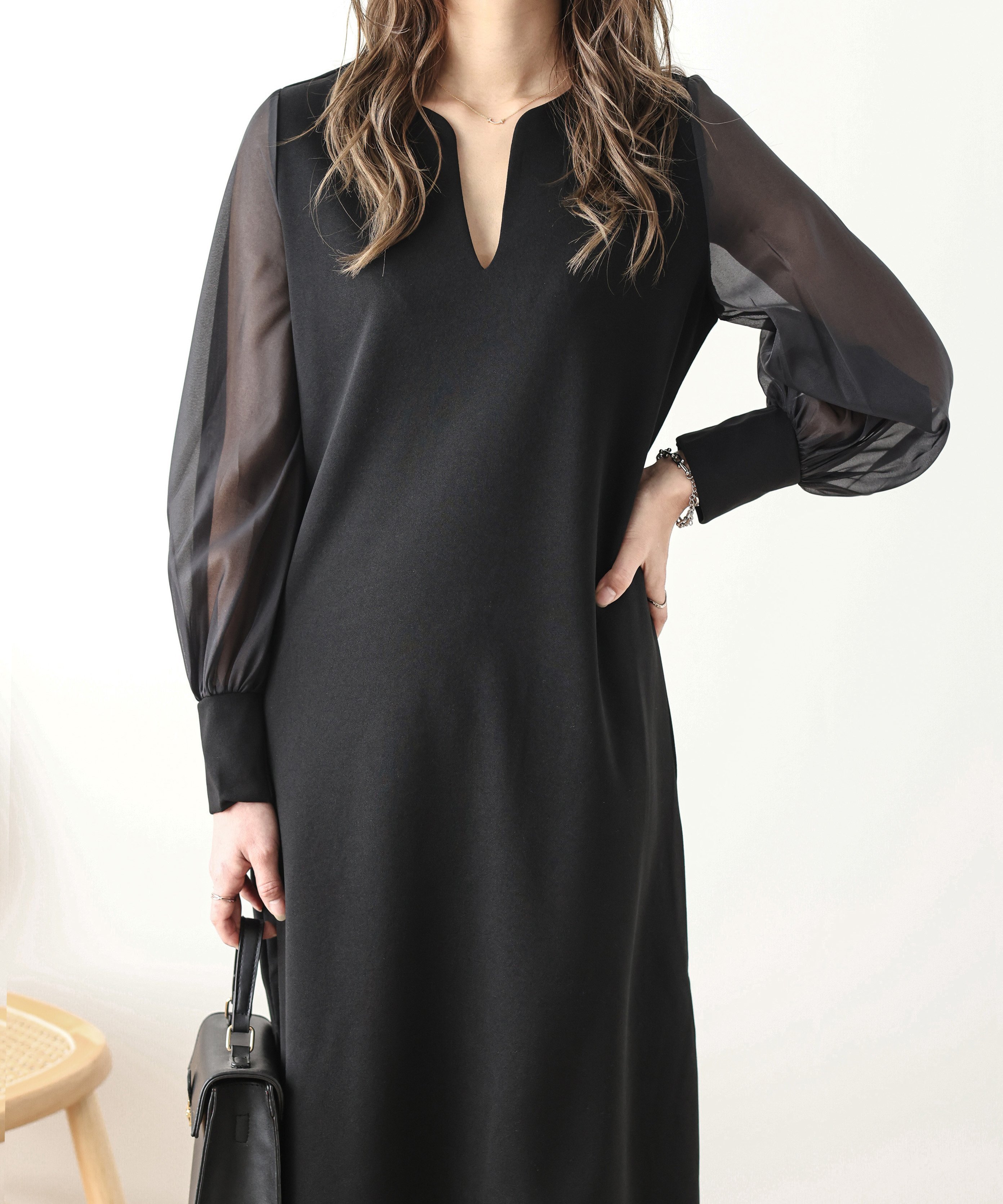 La-gemme シフォンスリーブワンピース ラジュール ワンピース・ドレス ワンピース ベージュ ブラック