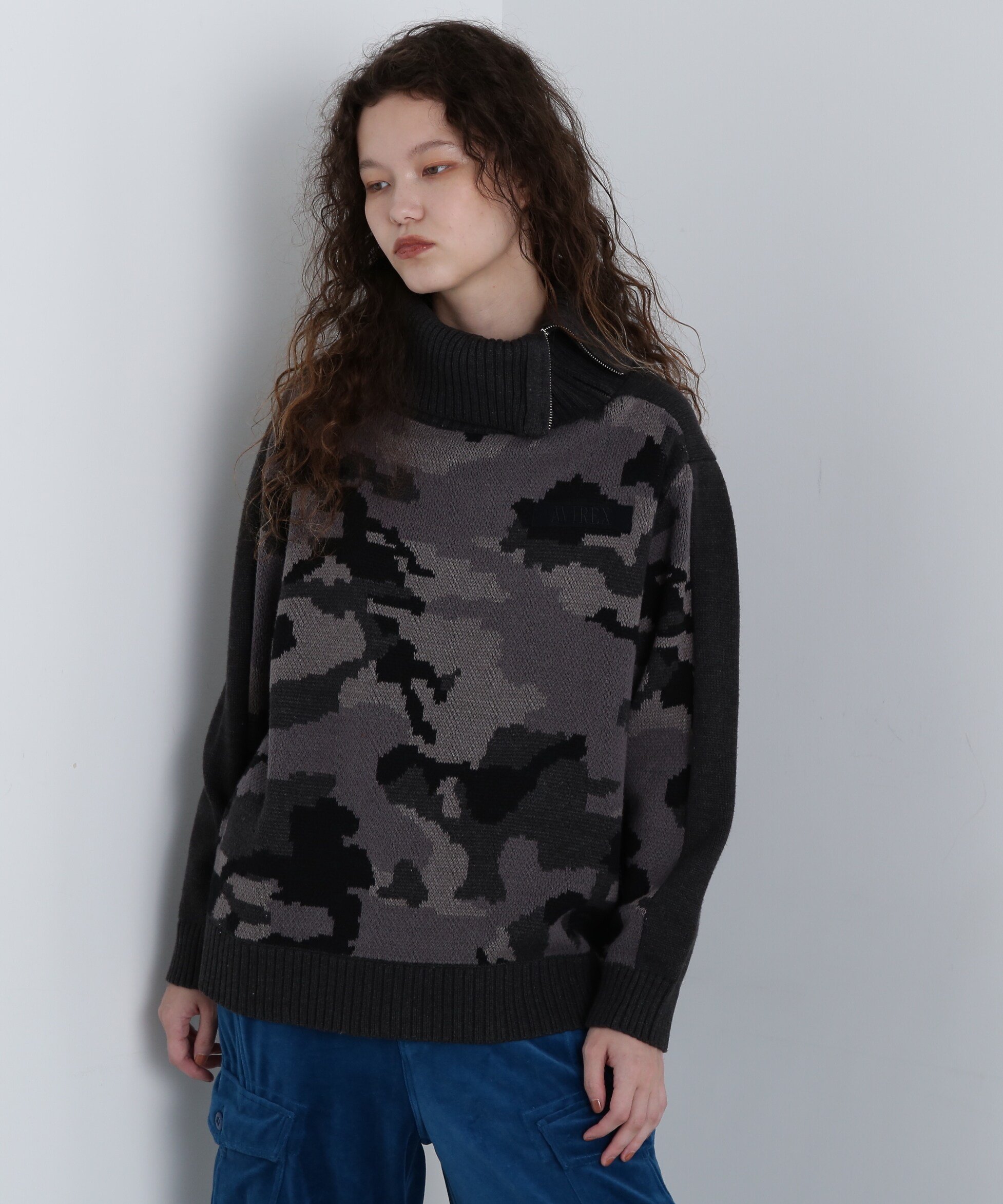 COLOR COMBI KNIT TOPS/カラーコンビ ニットトップス アヴィレックス トップス ニット グレー ブルー ホワイト