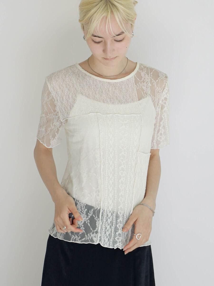 :ETHR OF SHEER LACE DESIGN TOPS ラシュッド トップス カットソー・Tシャツ ホワイト ブラック