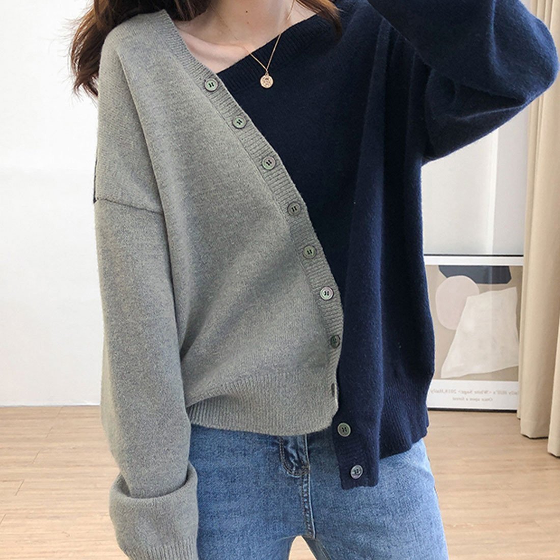 JUNOAH 配色ニットプルオーバー ジュノア トップス ニット ブルー ブラウン