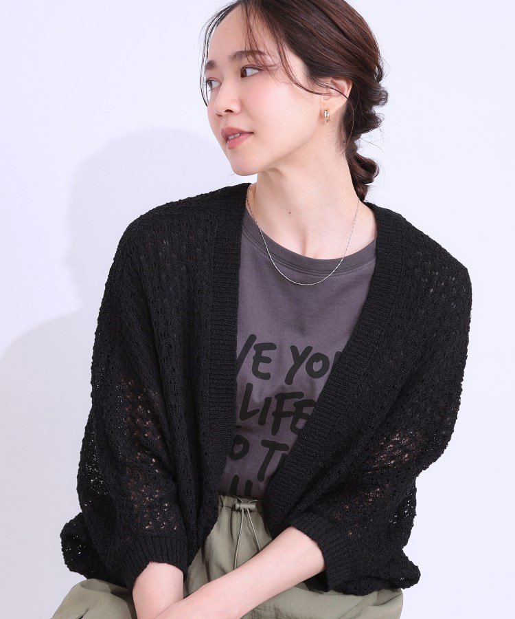 【SALE/20%OFF】SHOO・LA・RUE リネンライク 透かし編みボレロカーディガン シューラルー トップス カーディガン グレー グリーン ブラック