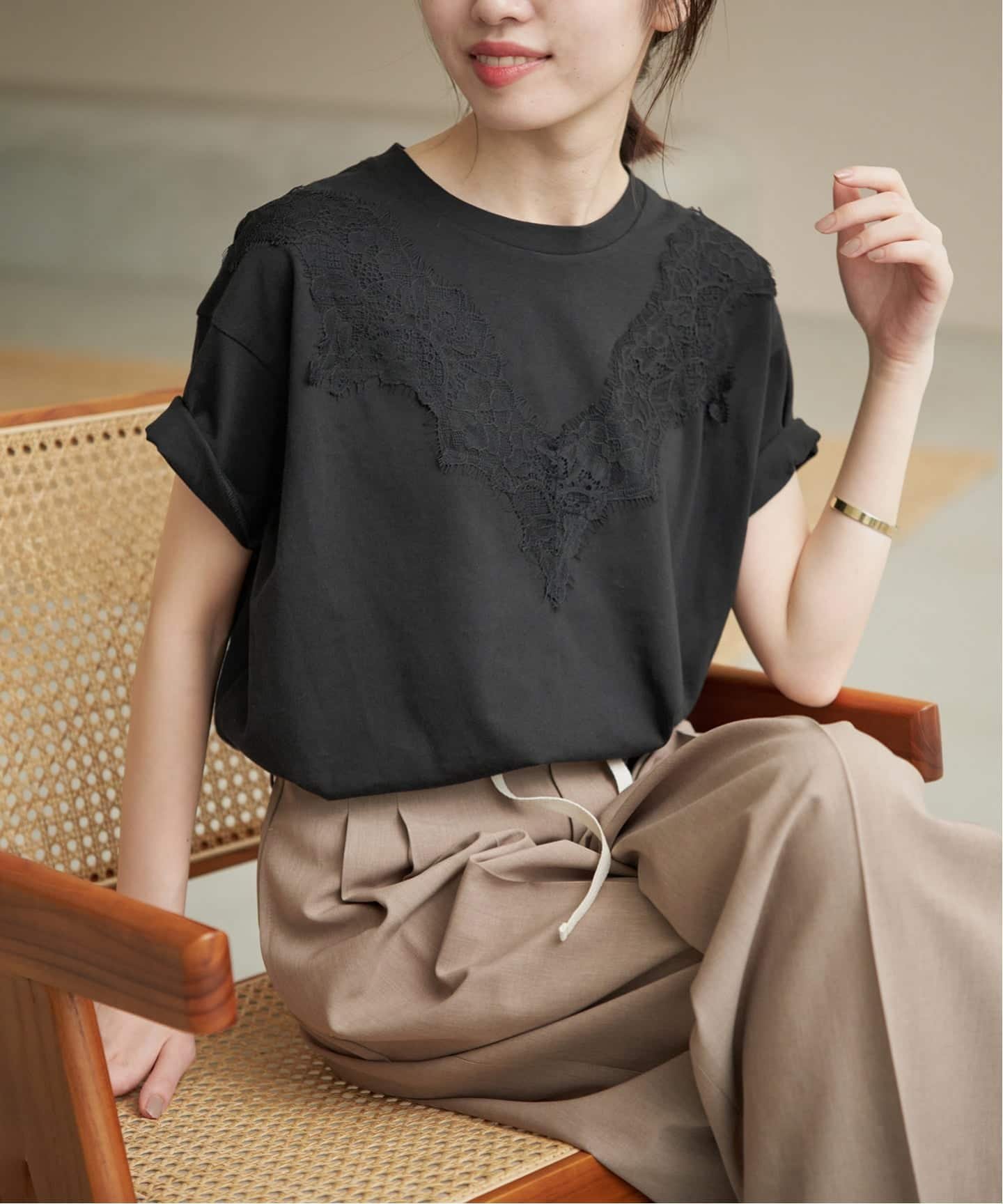 SLOBE IENA アイラッシュレースTシャツ スローブ イエナ トップス カットソー・Tシャツ ホワイト グレー ブラック