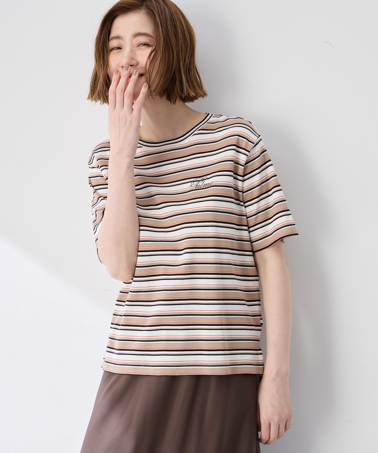 Petit Honfleur ワンポイント刺しゅうボーダーTシャツ【接触冷感・UVカット・オーガニックコットンブレンド】 プチオンフルール トップス カットソー・Tシャツ ネイビー ベージュ