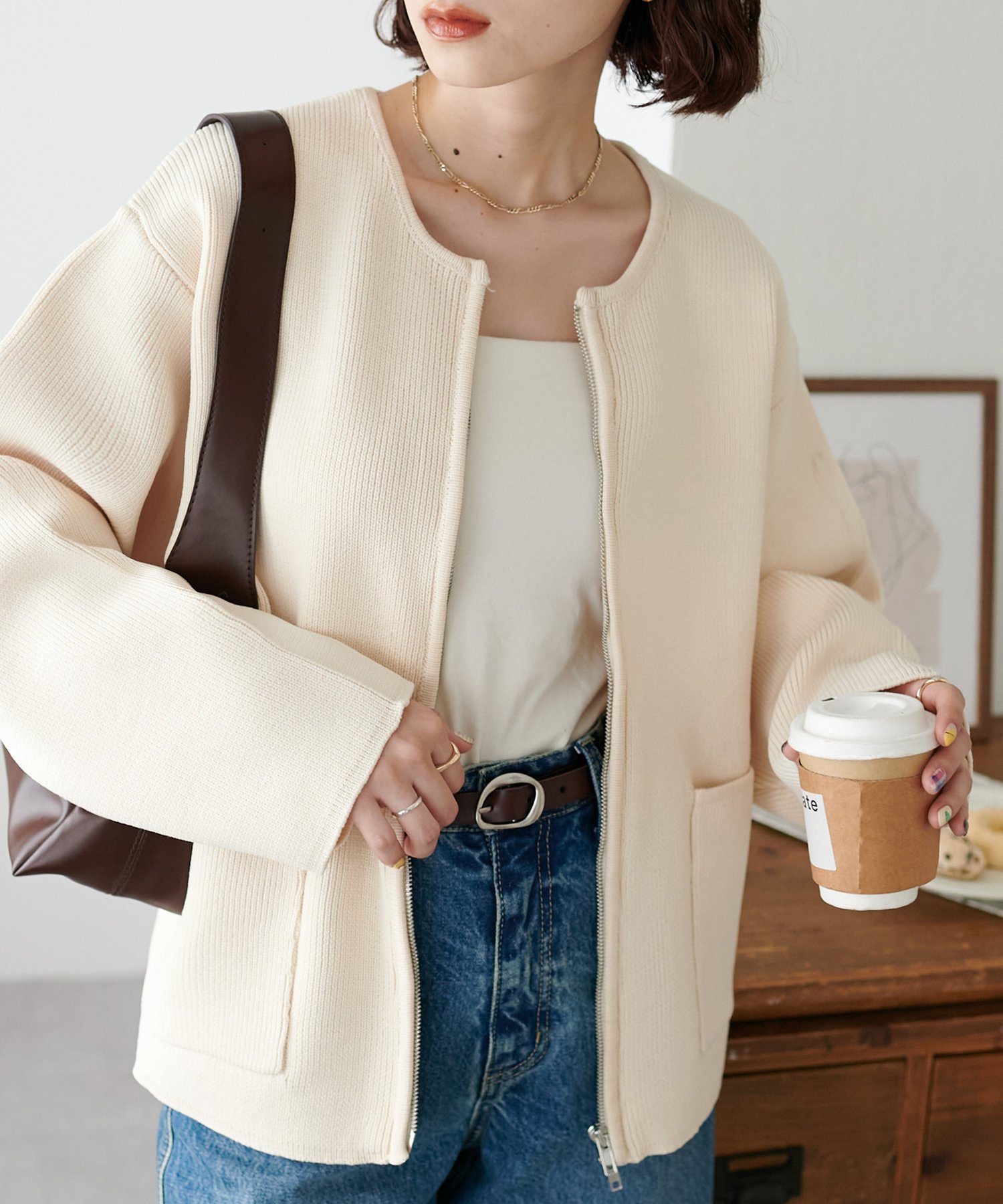 Discoat 【新色追加!/WEB限定】Wジップスポンディッシュクルーカーディガン ディスコート トップス カーディガン ブラウン レッド ホワイト ブラック...