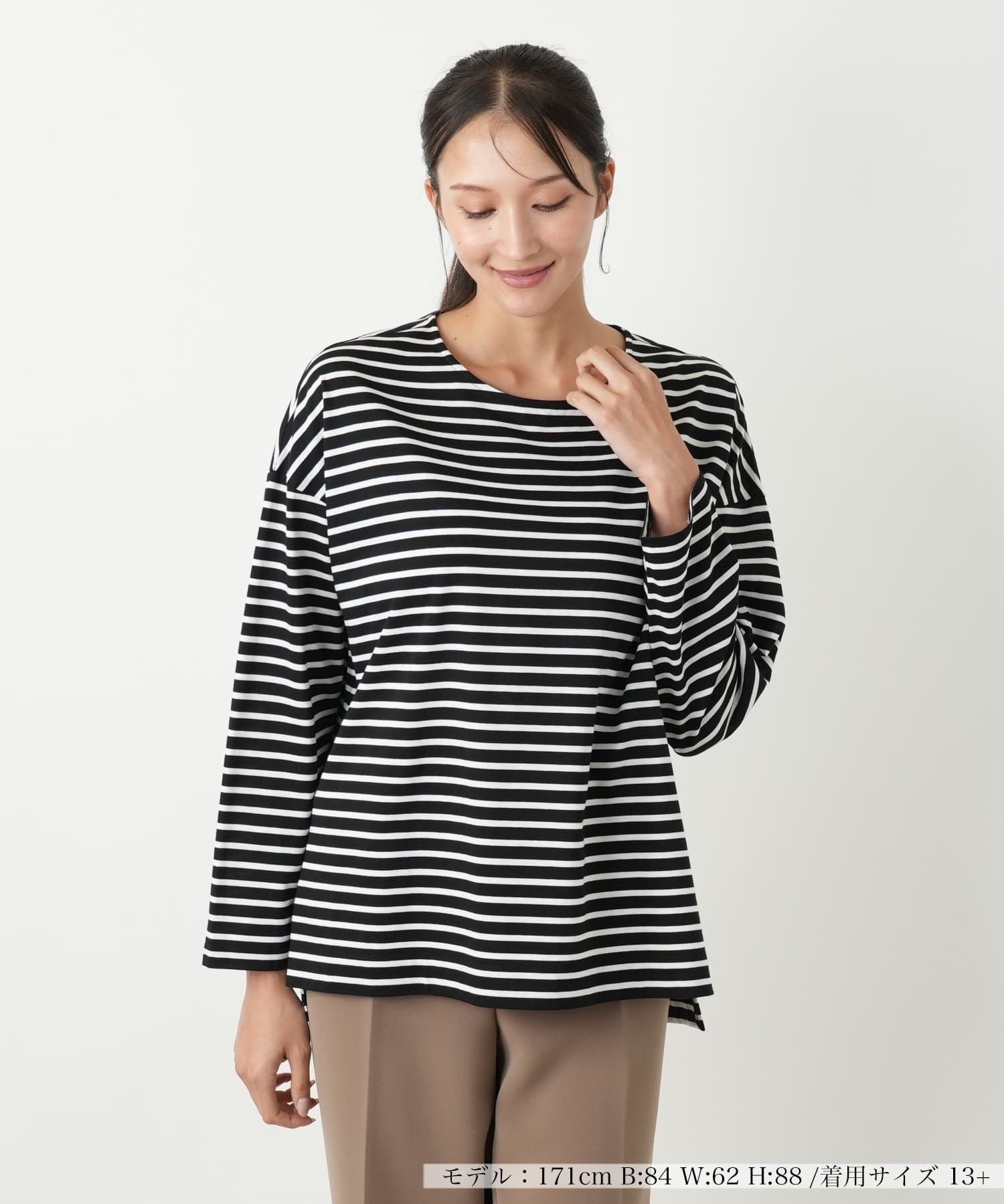Leilian PLUS HOUSE ボーダーカットソー【プラス企画】 レリアン プラスハウス トップス カットソー・Tシャツ グリーン ブラック ピンク