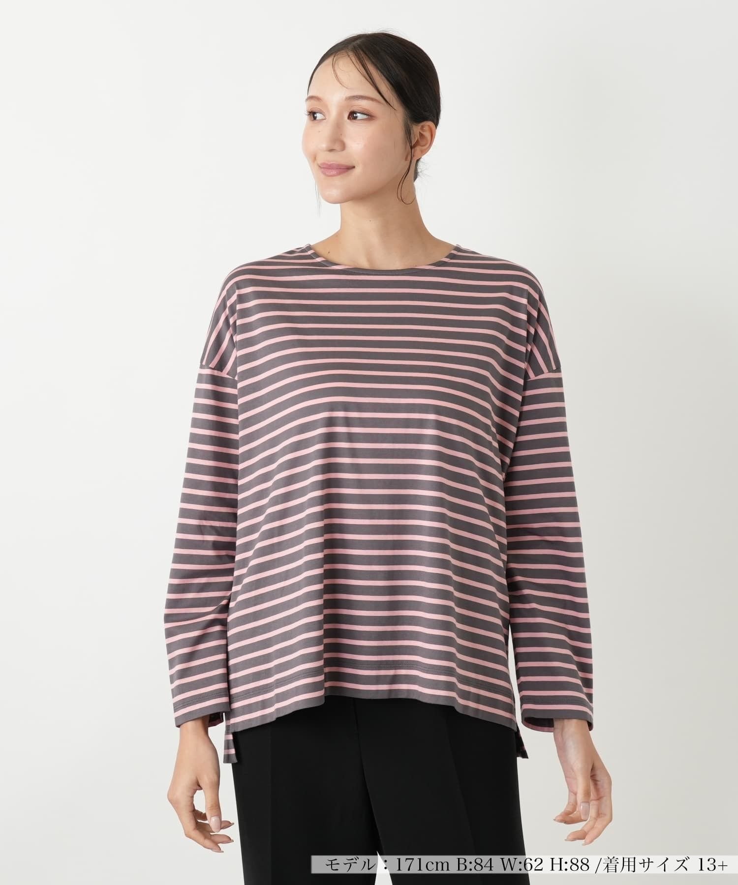 Leilian PLUS HOUSE ボーダーカットソー【プラス企画】 レリアン プラスハウス トップス カットソー・Tシャツ グリーン ブラック ピンク
