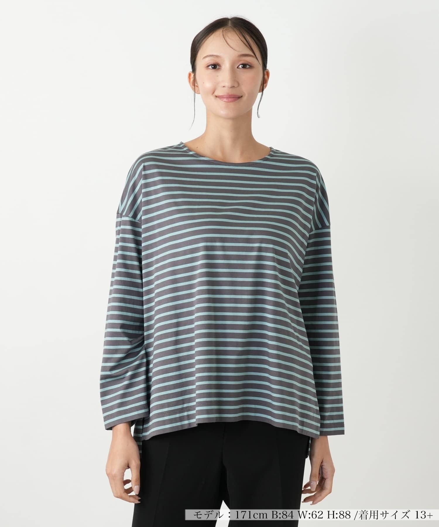 Leilian PLUS HOUSE ボーダーカットソー【プラス企画】 レリアン プラスハウス トップス カットソー・Tシャツ グリーン ブラック ピンク