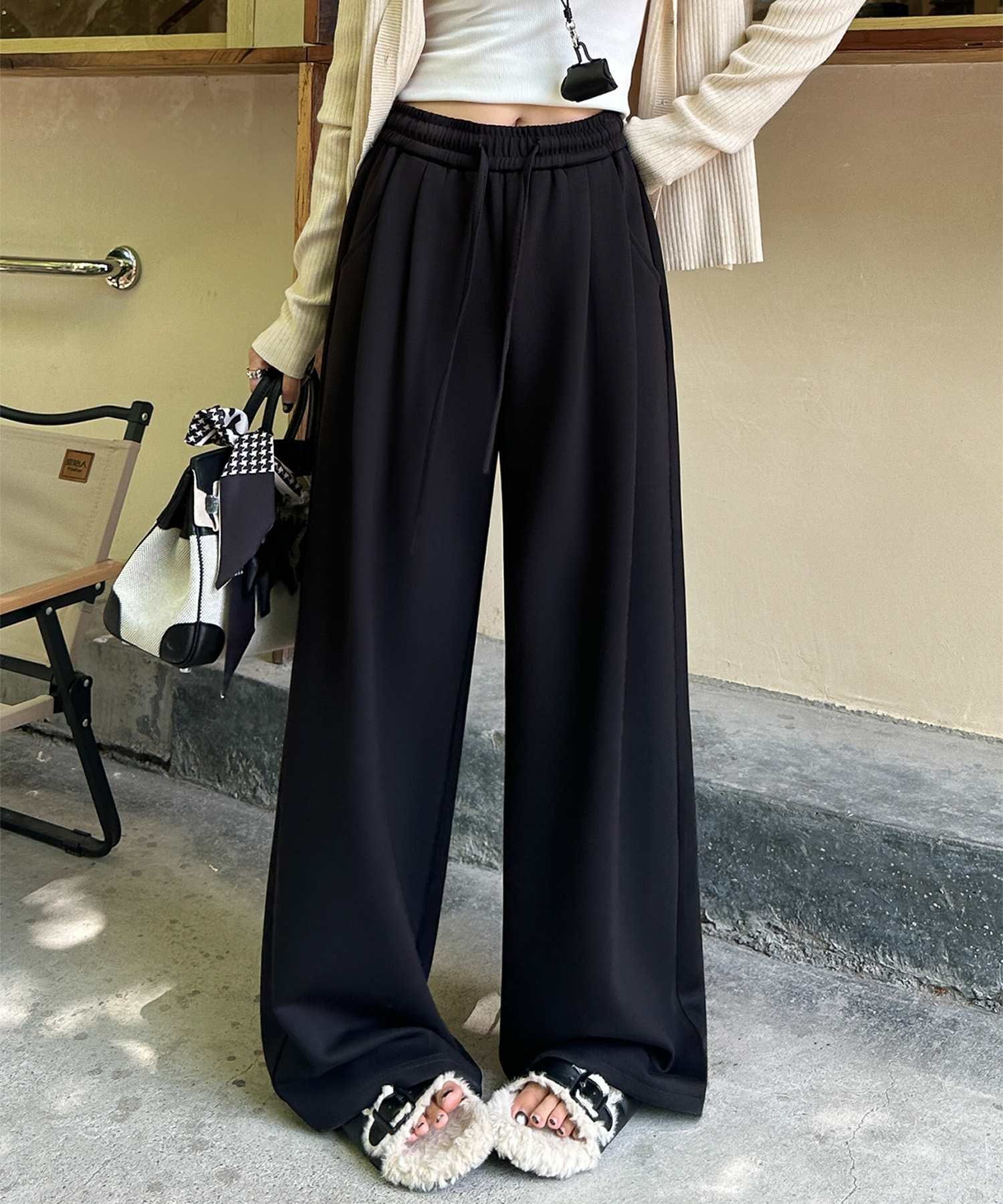 select - aimoha/ウエストゴム イージーワイドパンツ 落ち感ストレート リラックスシルエット アイモハ ジャケット・アウター デニムジャケット ホワイト ブラック