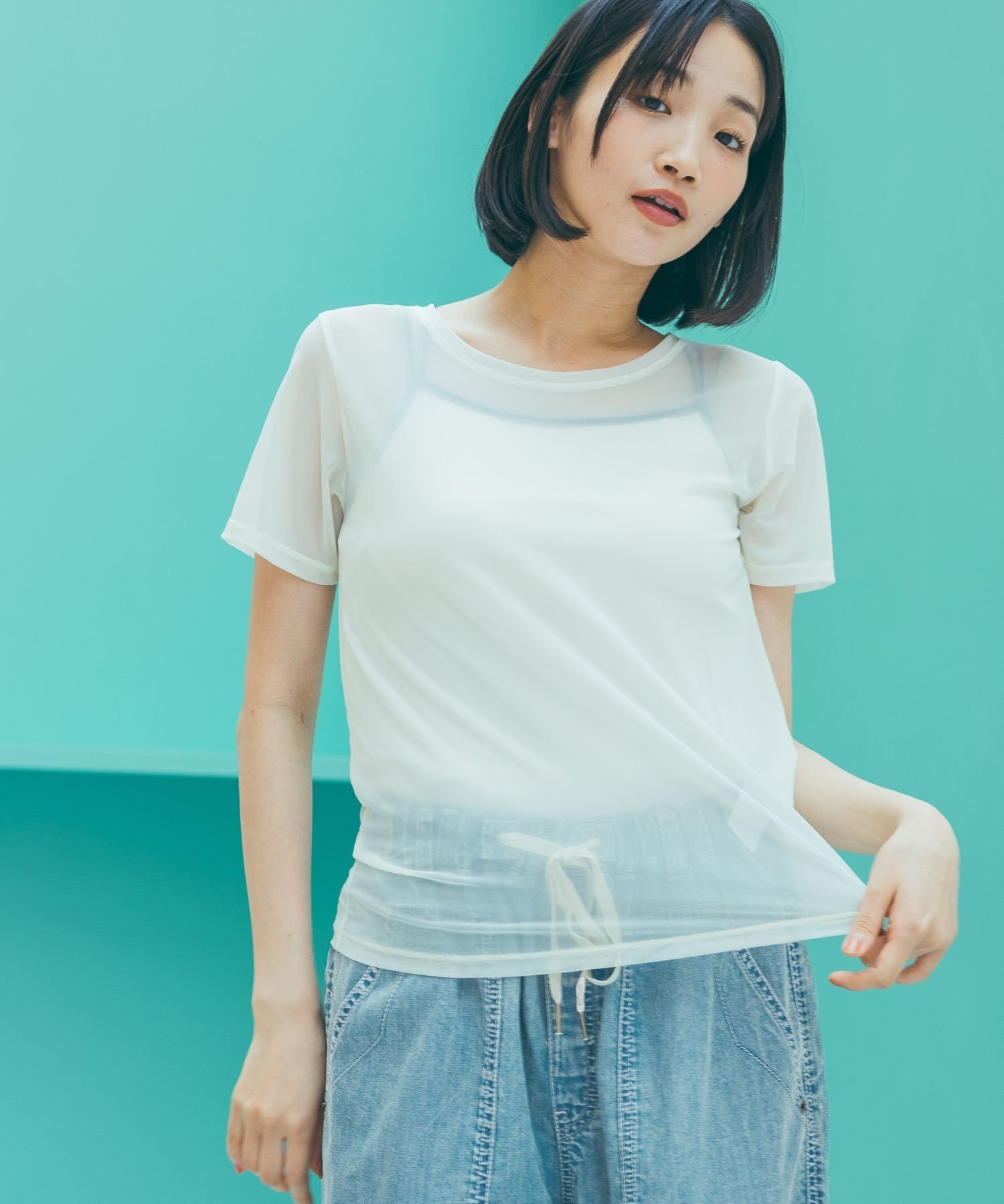 niko and ... ソフトチュールシアーTシャツ ニコアンド トップス カットソー・Tシャツ ホワイト ブラック