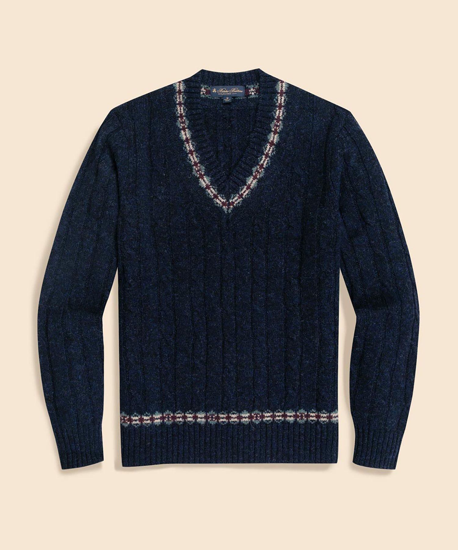 BROOKS BROTHERS ウール ケーブル フェアアイルトリム Vネックテニスセーター ブルックス ブラザーズ トップス ニット ネイビー【送料無料】