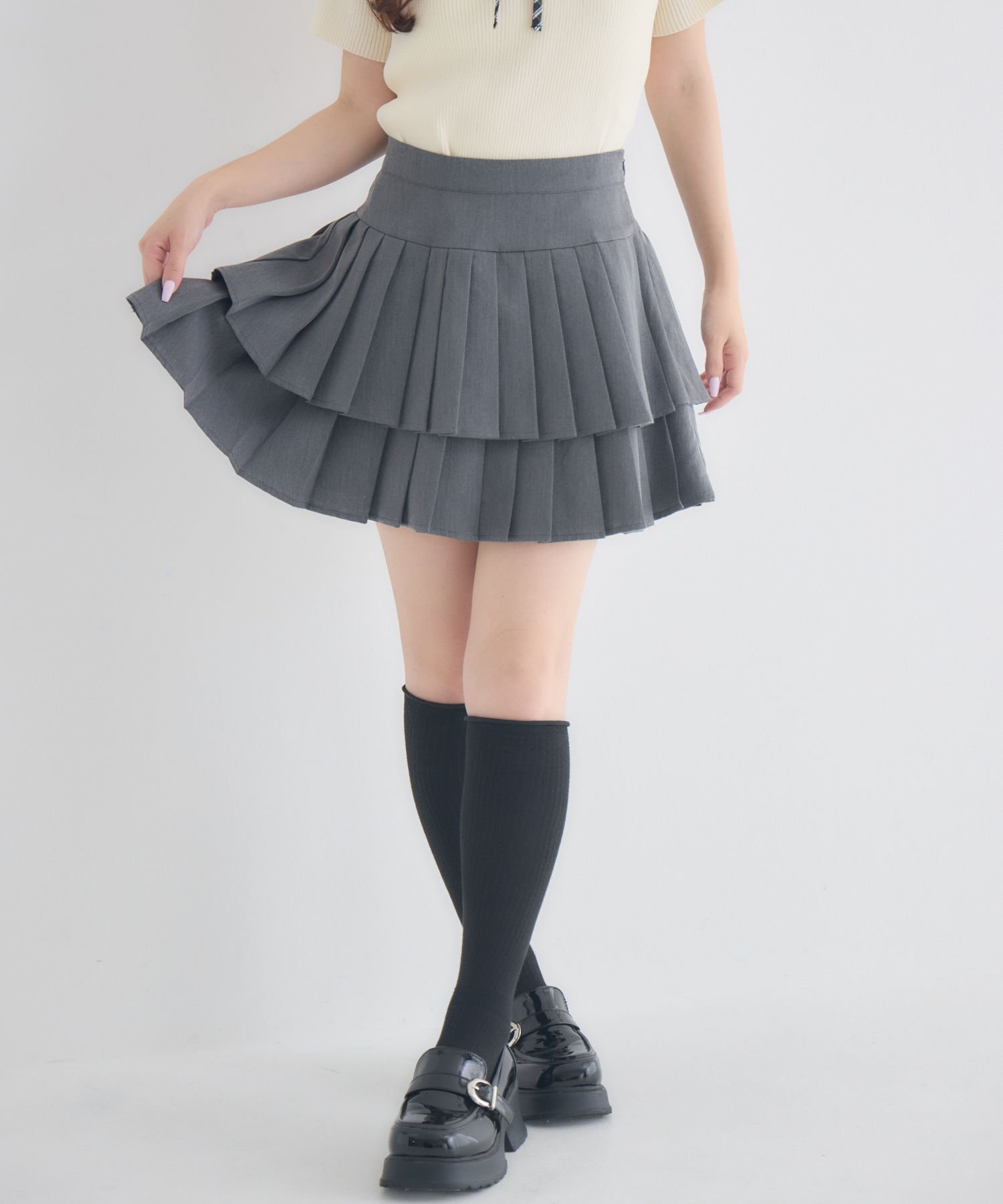 【SALE／20%OFF】ems excite 2段プリーツミニスカート レトロガール スカート ミニスカート ベージュ ブラック