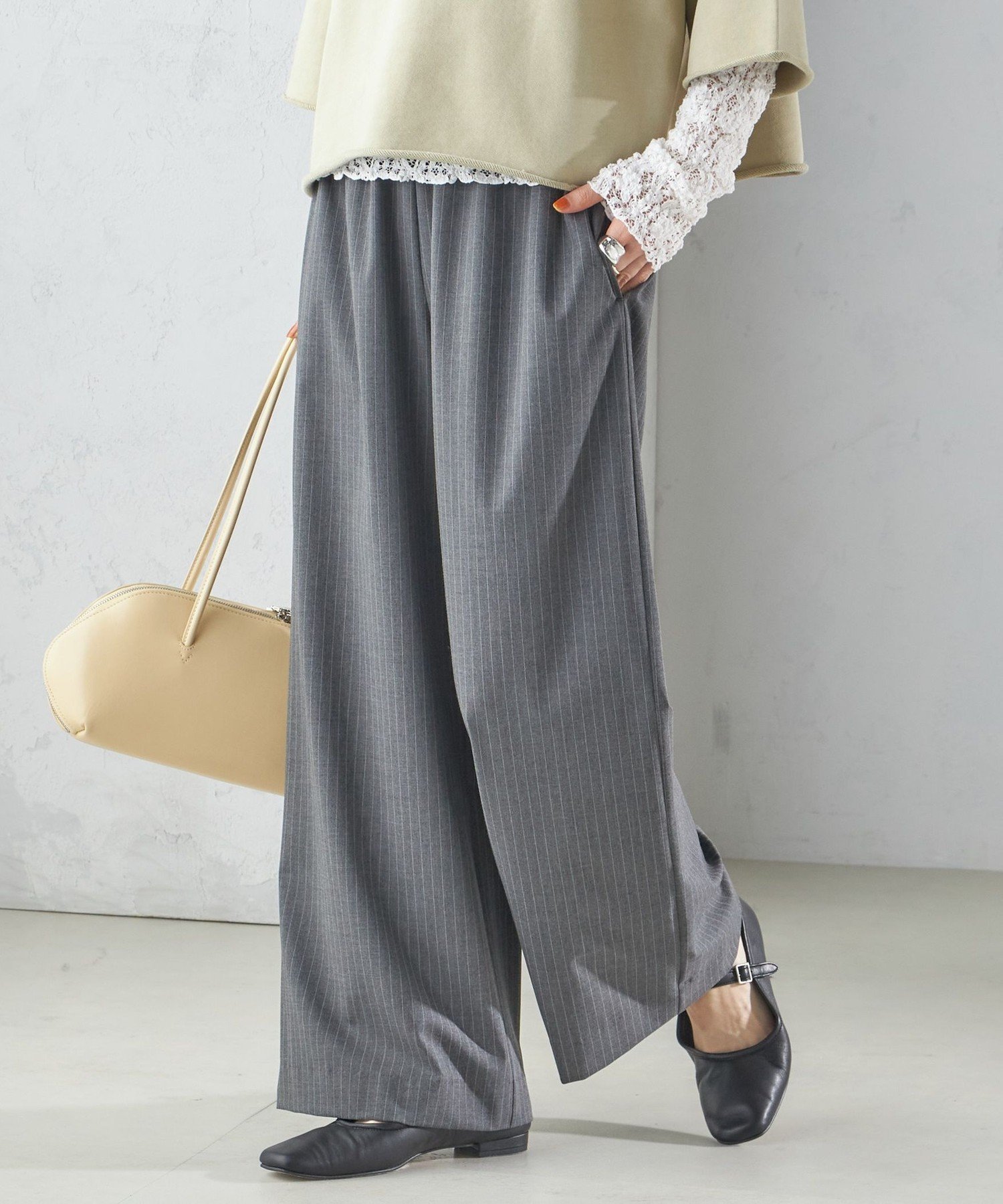 SHIPS WOMEN <手洗い可能>ストライプ 細ゴム ワイド ドロスト パンツ シップス パンツ その他のパンツ グレー ネイビー【送料無料】