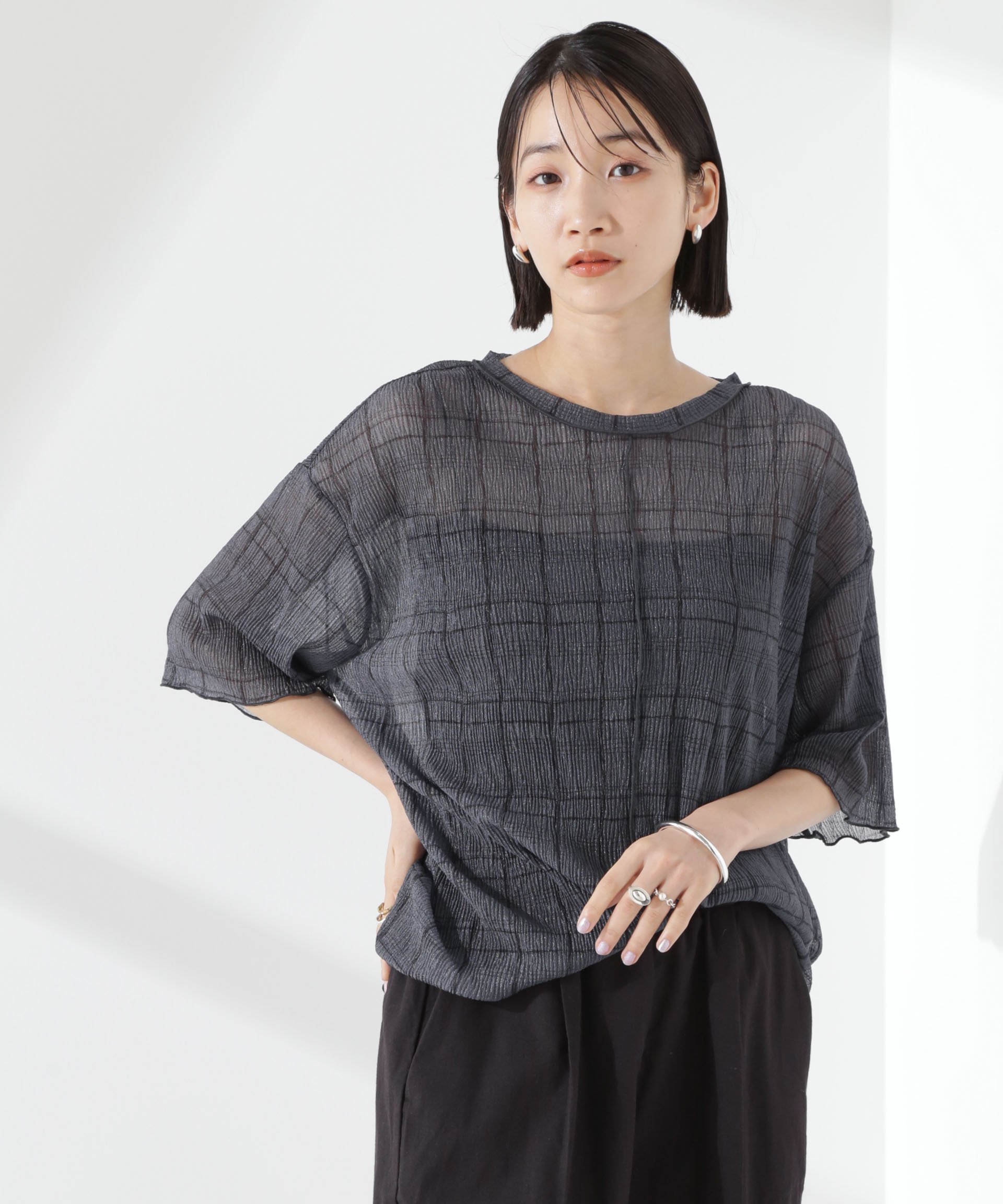 【SALE／40%OFF】NANO universe 楊柳チェックシアーカットTシャツ ナノユニバース トップス カットソー・Tシャツ ブルー ブラック ホワイトのサムネイル