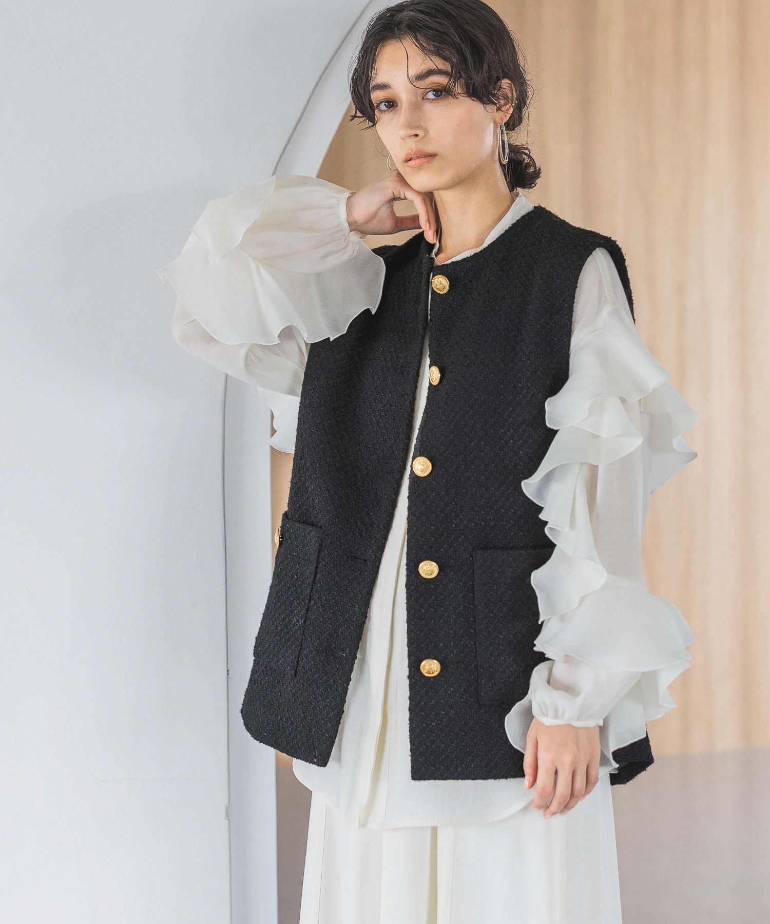 apart by lowrys (W)ツィードノーカラーベスト アパートバイローリーズ トップス ベスト・ジレ ブラック グレー ホワイト【送料無料】のサムネイル