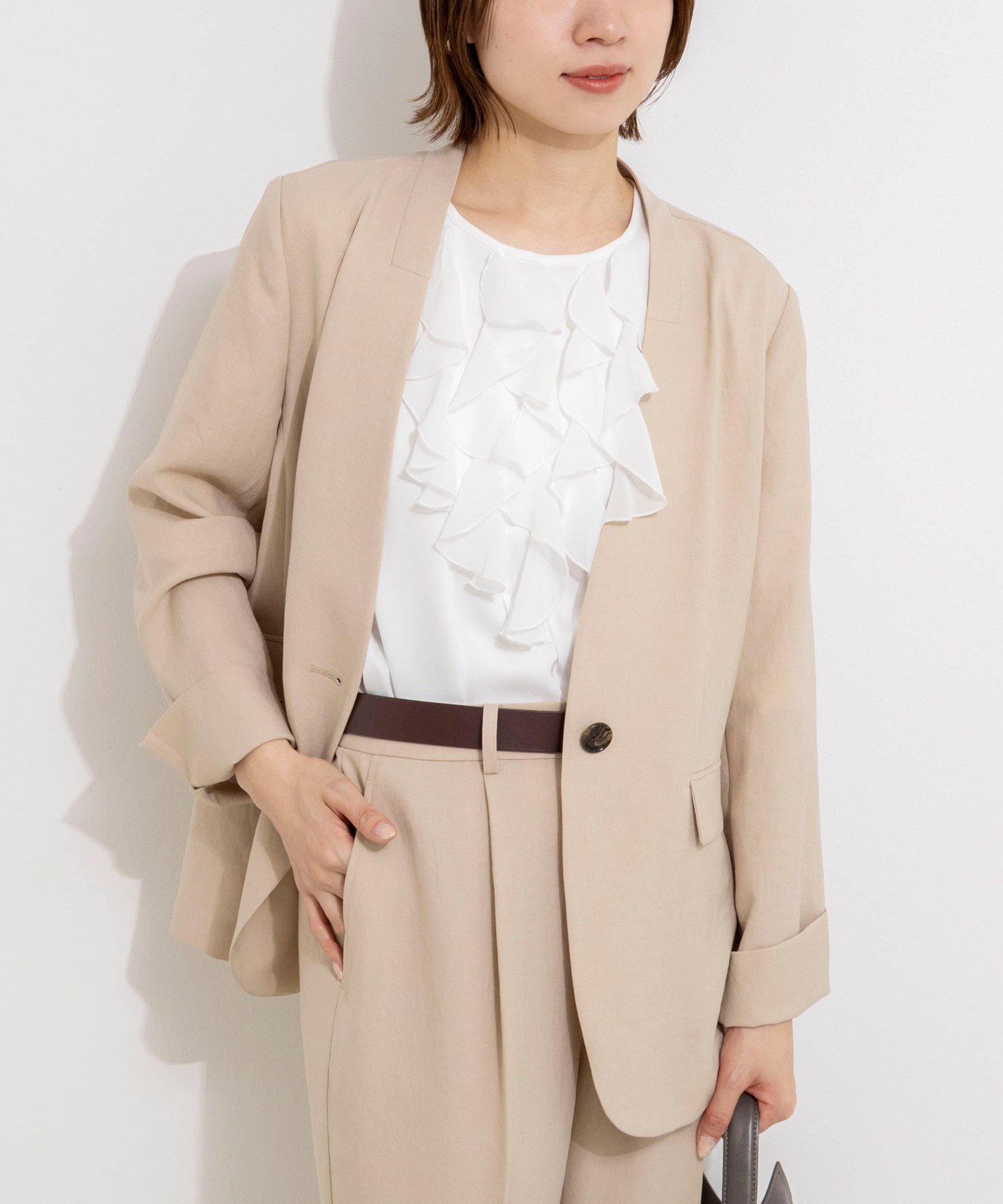 NOLLEY'S 《セットアップ対応》ストレッチツイルVネックジャケット ノーリーズ ジャケット・アウター ノーカラージャケット ベージュ ネイビー【送料無料】