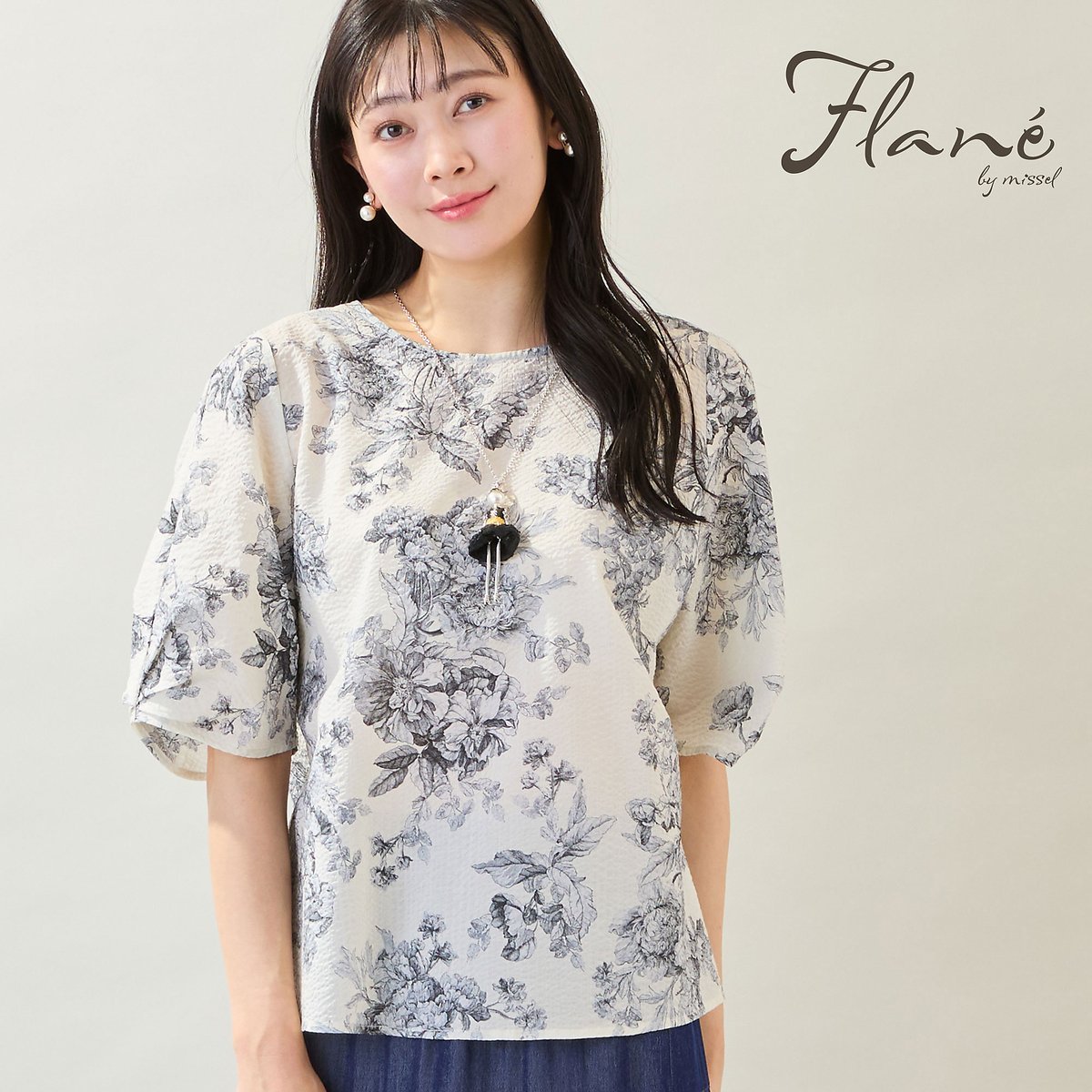 missel 【洗える・綿100%・M~3Lサイズ】花柄パフスリーブブラウス ミゼール トップス シャツ・ブラウス ホワイト ブルー ピンク