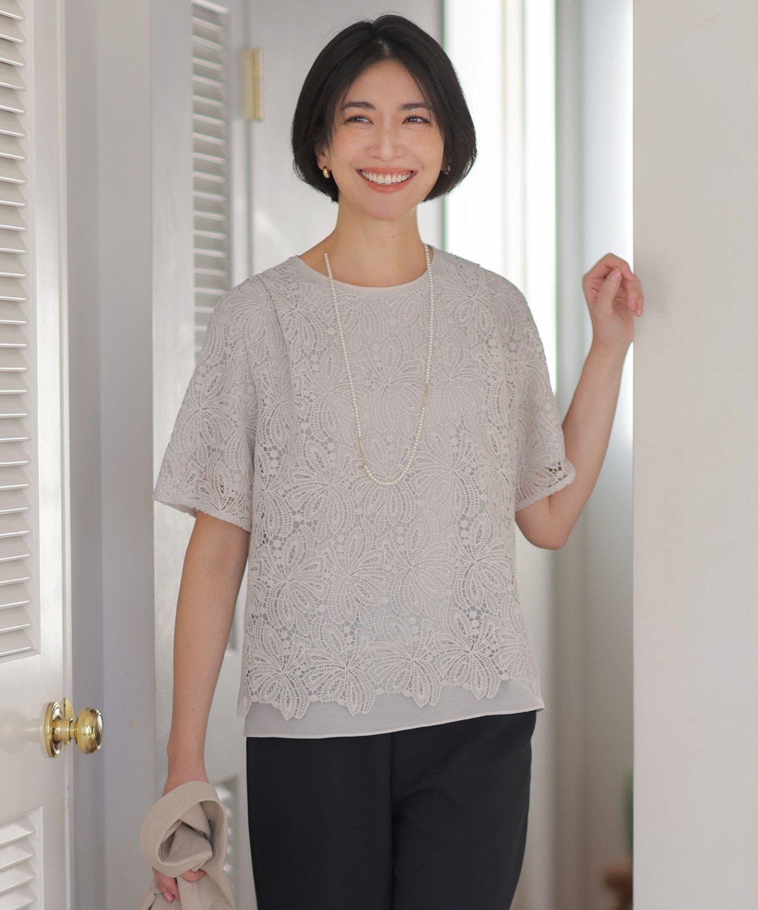 J.PRESS LADIES L レースコンビジャージー カットソー ジェイプレス トップス カットソー・Tシャツ グレー ホワイト ブルー