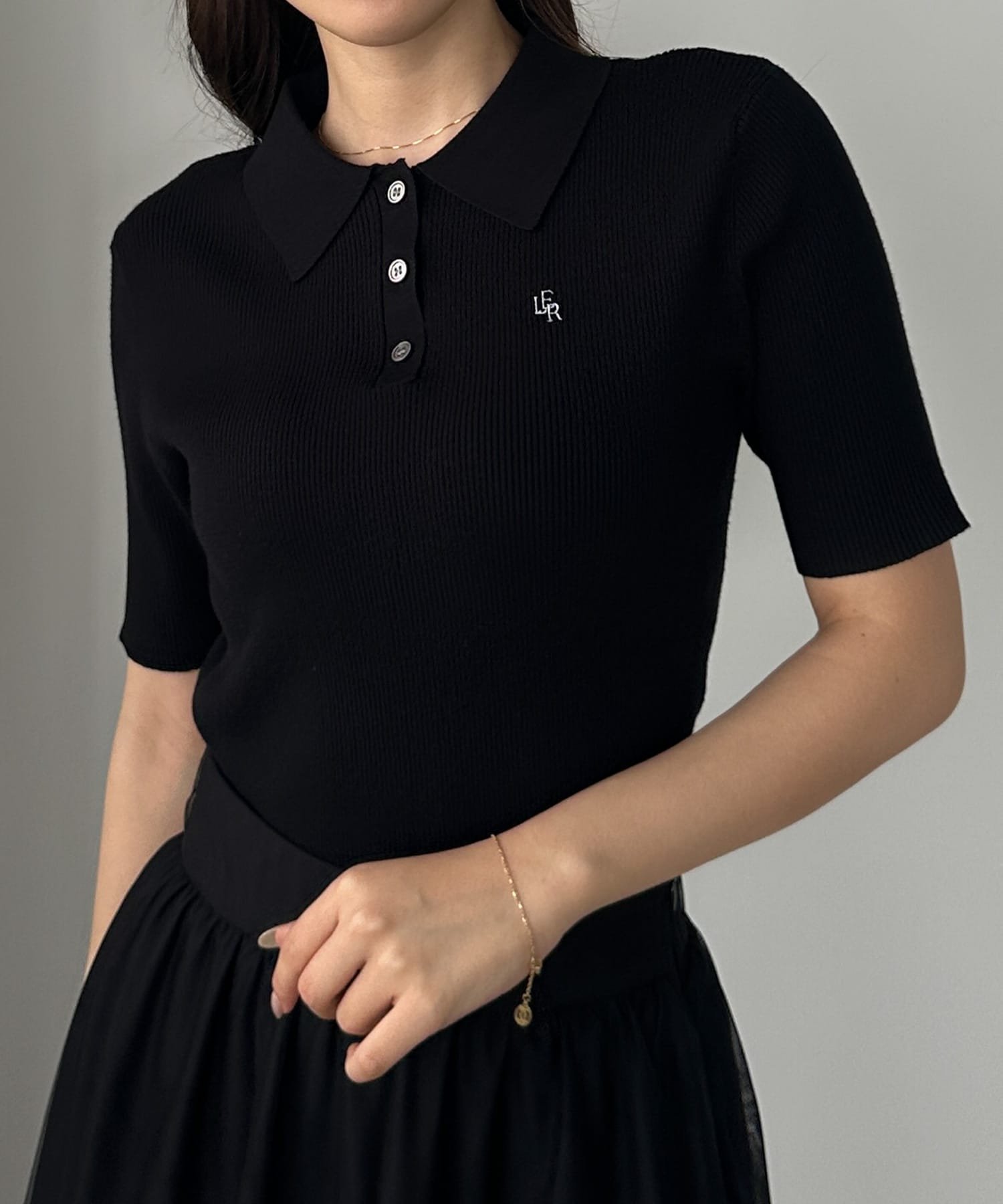JUNOAH Louere ロゴ刺繍半袖リブニットポロ ジュノア トップス ニット ブラック グレー ホワイト ネイビー