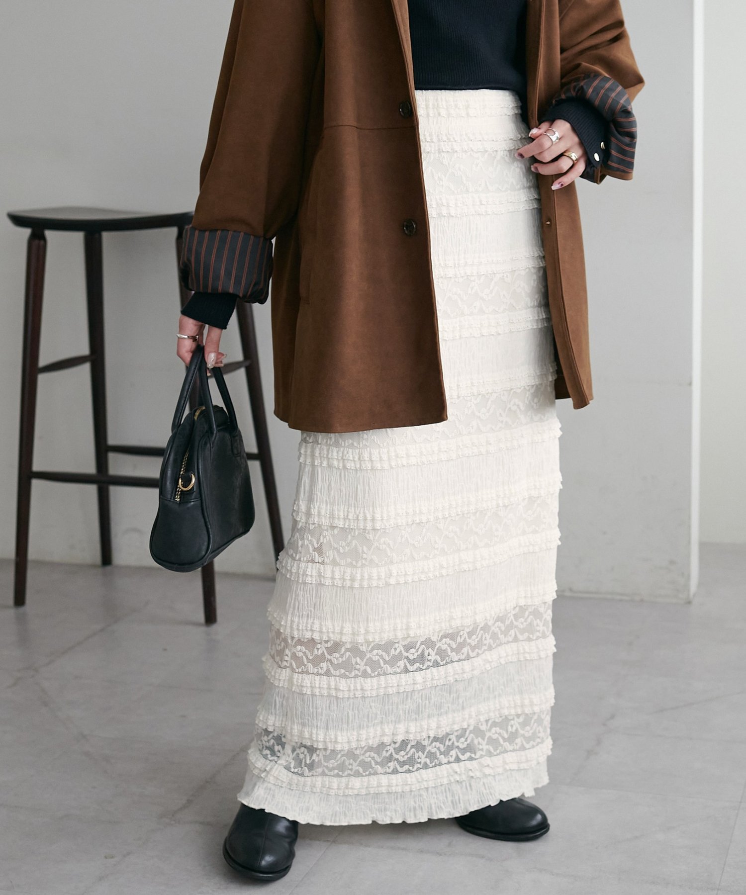 Discoat 【コーデ格上げ】レース切替ナロースカート ディスコート スカート ロング・マキシスカート ブラック ホワイト【送料無料】